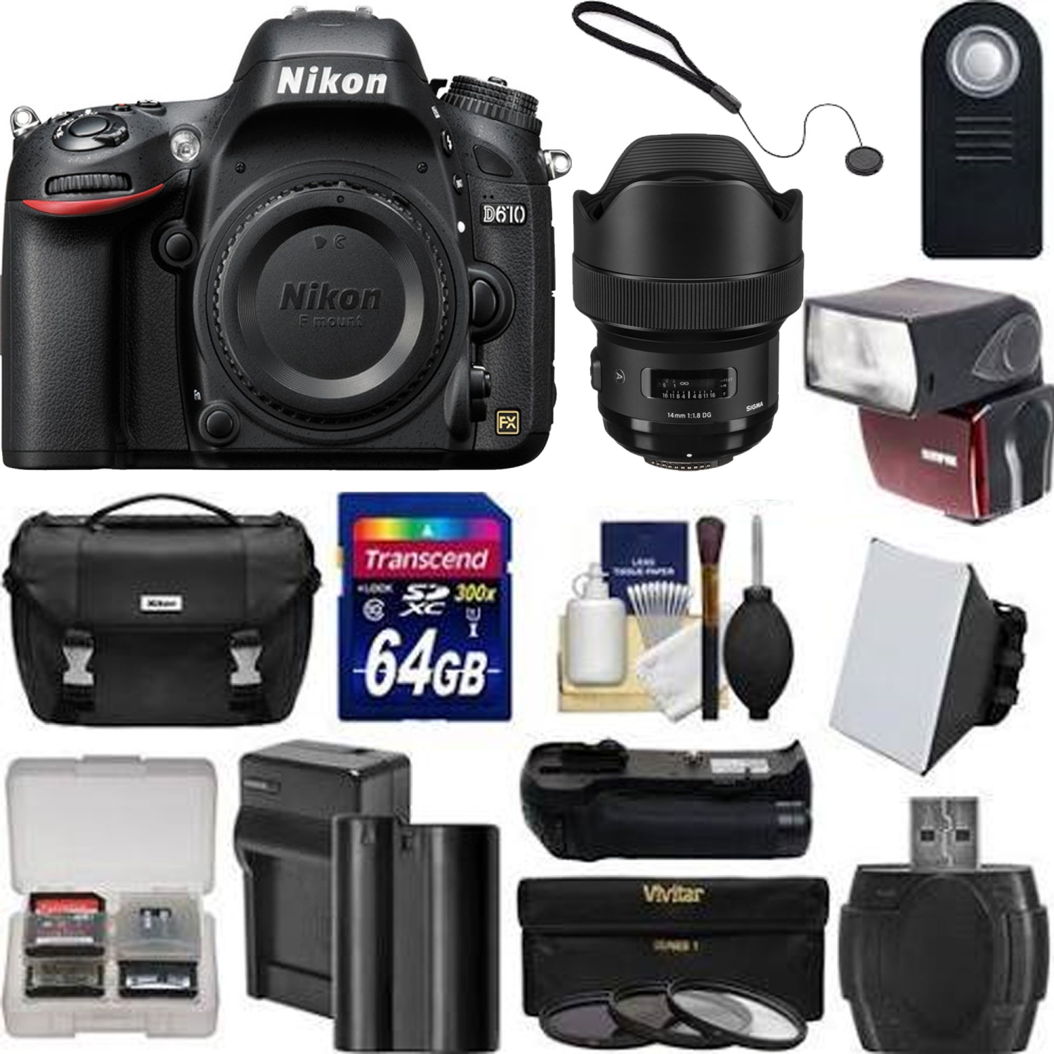 Nikon D610 Digital SLR Camera with Sigma 14mm f/1.8 DG HSM Art Lens for Nikon F Essential Package