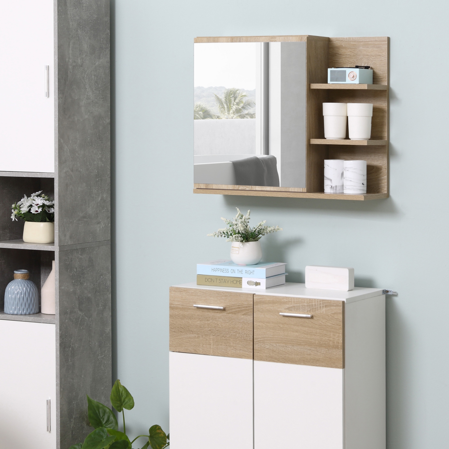 Armoire à pharmacie kleankin avec miroir, armoire à miroir de salle de bain murale, armoire murale de salle de bain avec 3 tablettes ouvertes, naturel