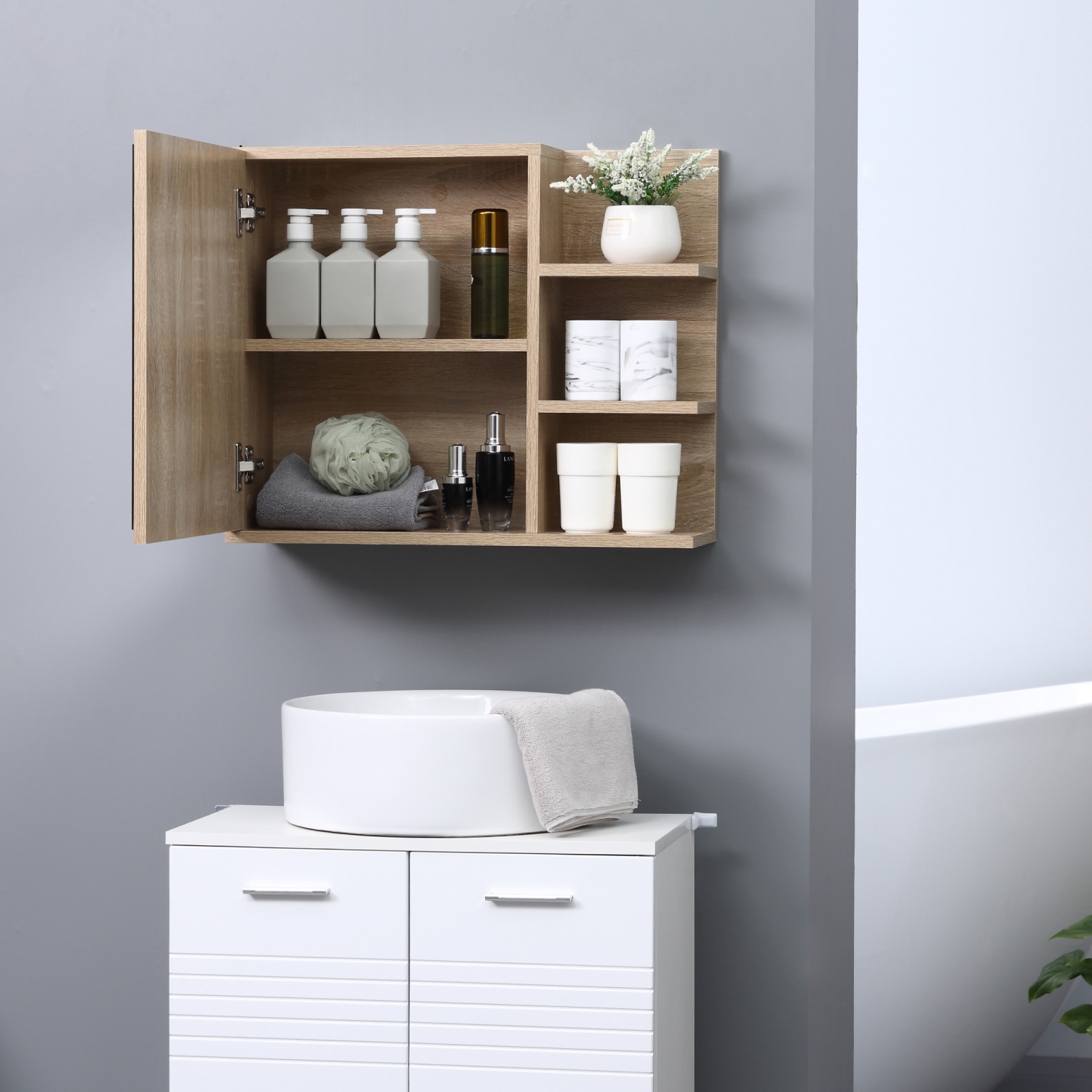Armoire à pharmacie kleankin avec miroir, armoire à miroir de salle de bain murale, armoire murale de salle de bain avec 3 tablettes ouvertes, naturel