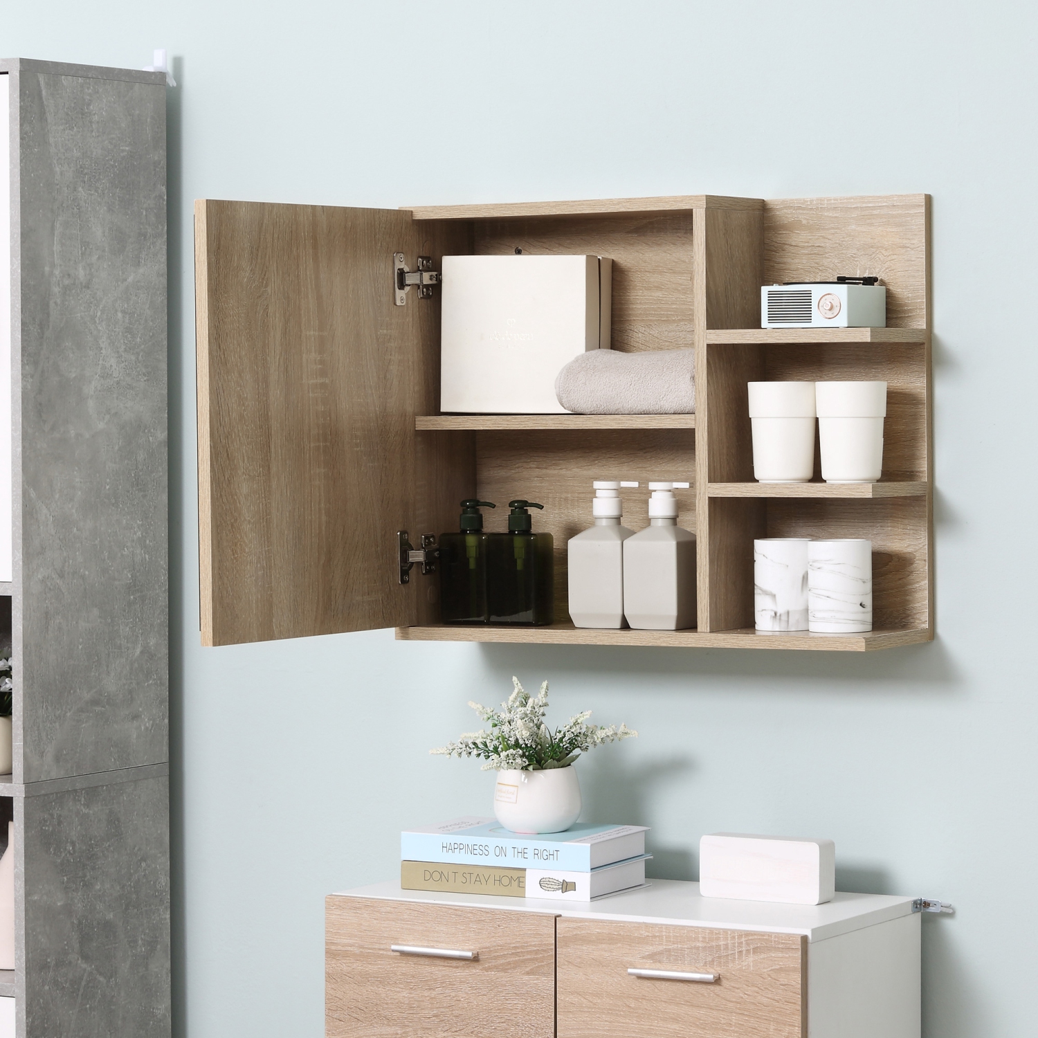 Armoire à pharmacie kleankin avec miroir, armoire à miroir de salle de bain murale, armoire murale de salle de bain avec 3 tablettes ouvertes, naturel