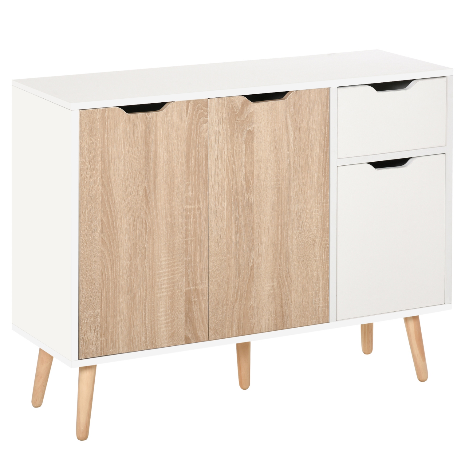 HOMCOM 35" Sideboard, Floor Standing Storage Cabinet with Drawer and Solid Wood Legs, White and Nature Wood