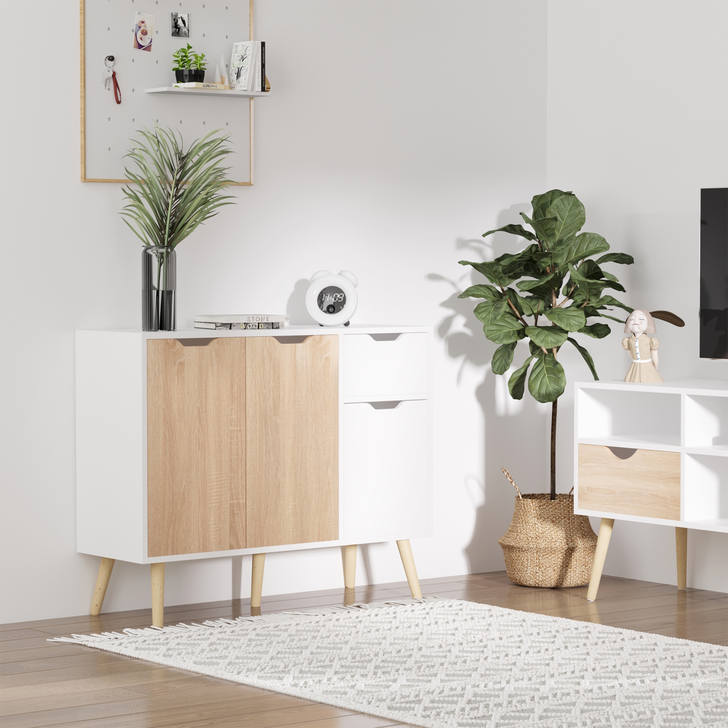 HOMCOM 35" Sideboard, Floor Standing Storage Cabinet with Drawer and Solid Wood Legs, White and Nature Wood