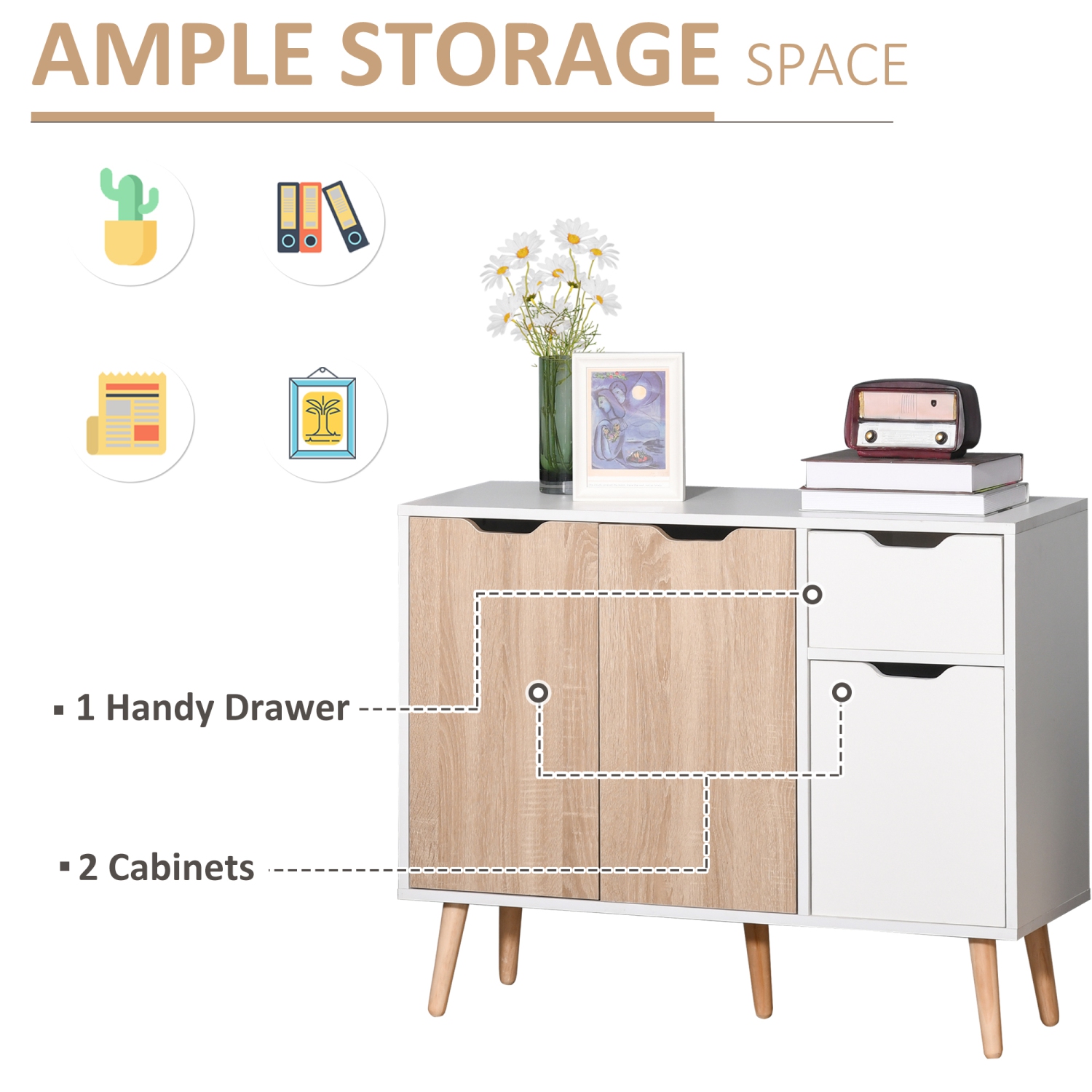HOMCOM 35" Sideboard, Floor Standing Storage Cabinet with Drawer and Solid Wood Legs, White and Nature Wood