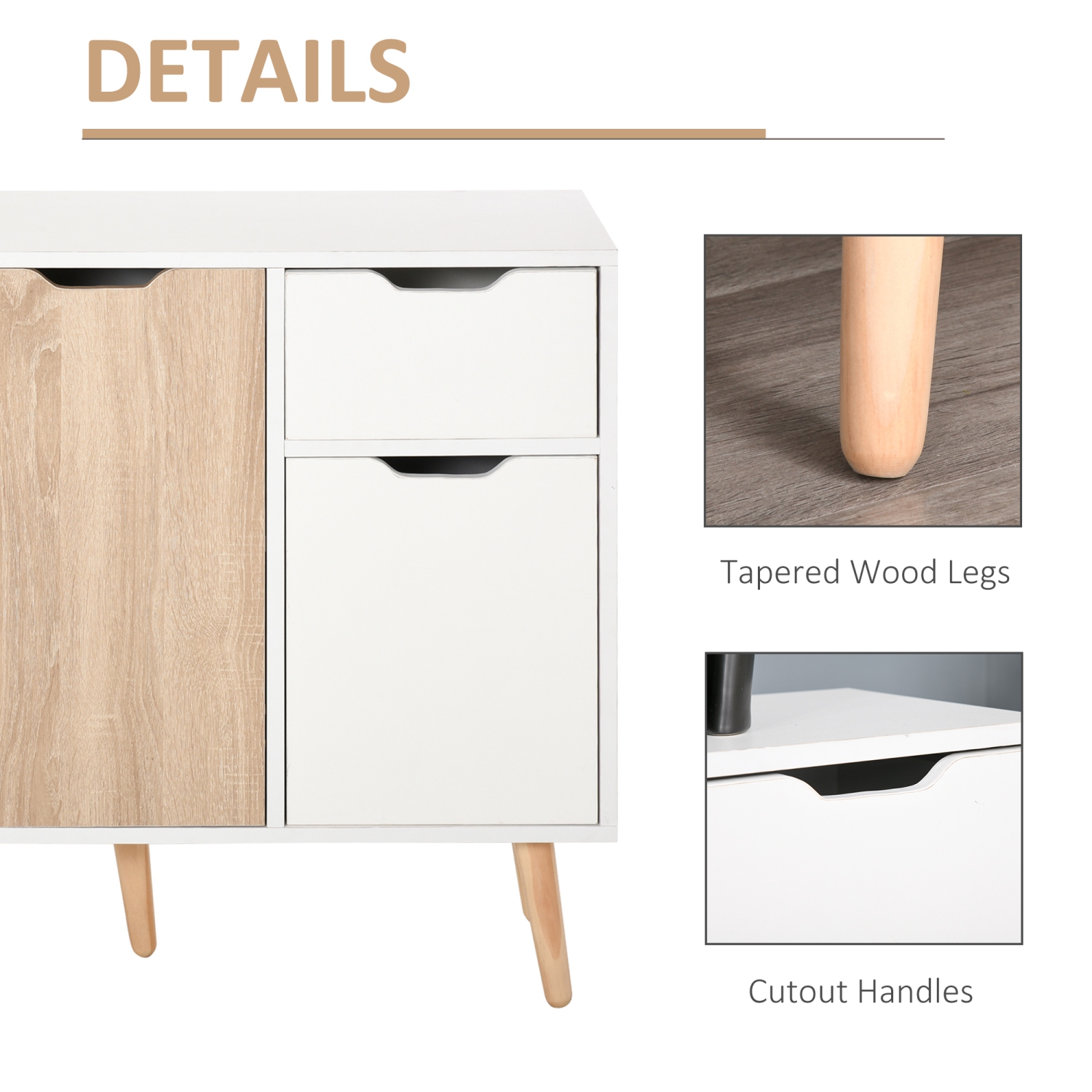 HOMCOM 35" Sideboard, Floor Standing Storage Cabinet with Drawer and Solid Wood Legs, White and Nature Wood