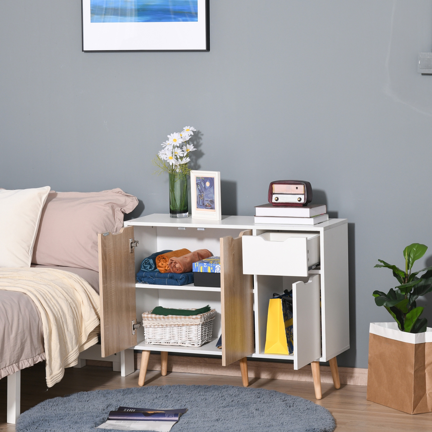 HOMCOM 35" Sideboard, Floor Standing Storage Cabinet with Drawer and Solid Wood Legs, White and Nature Wood