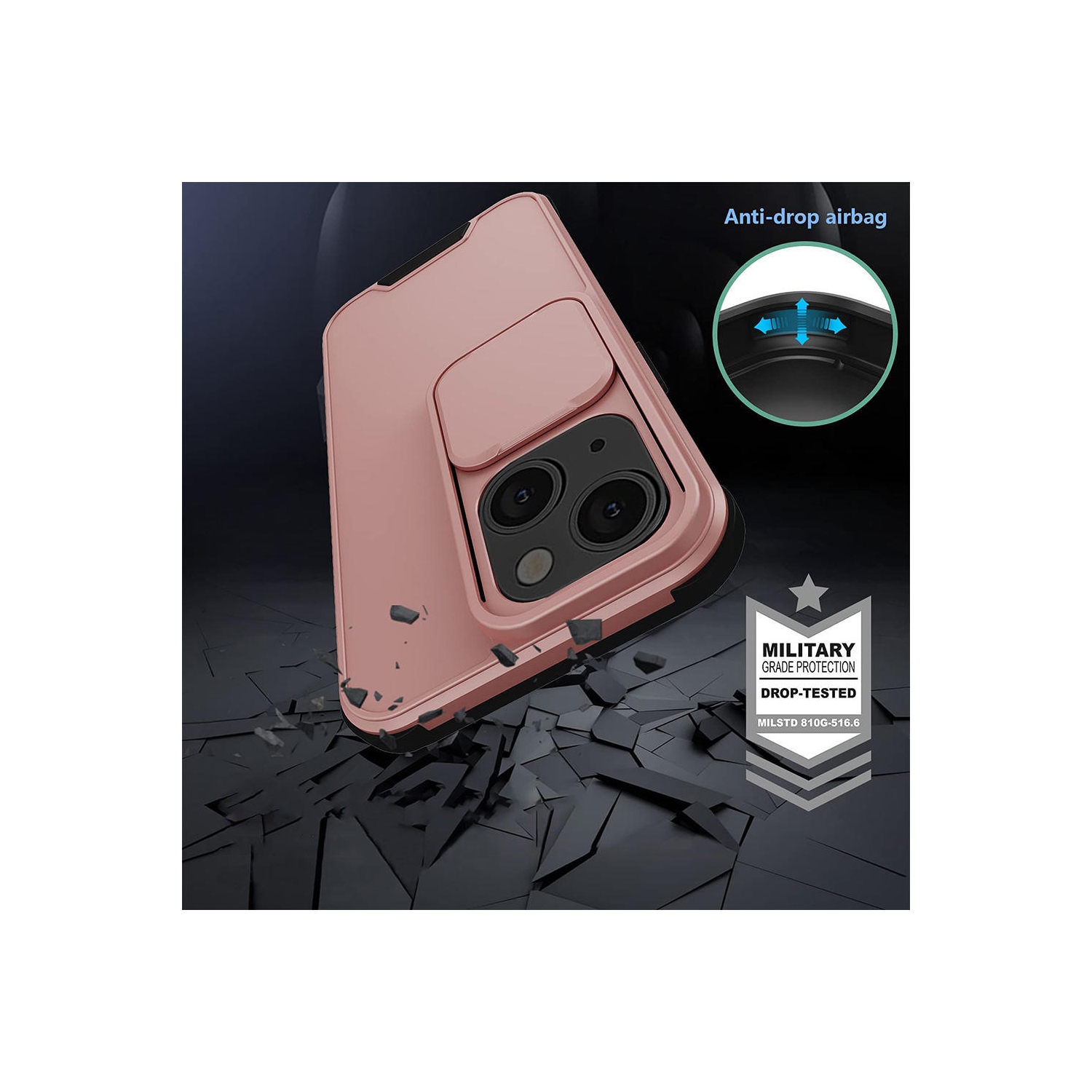 Coque rigide pour téléphone PC et TPU avec protection de caméra coulissante pour iPhone 13 6,1 pouces avec chargement sans fil -Champagne