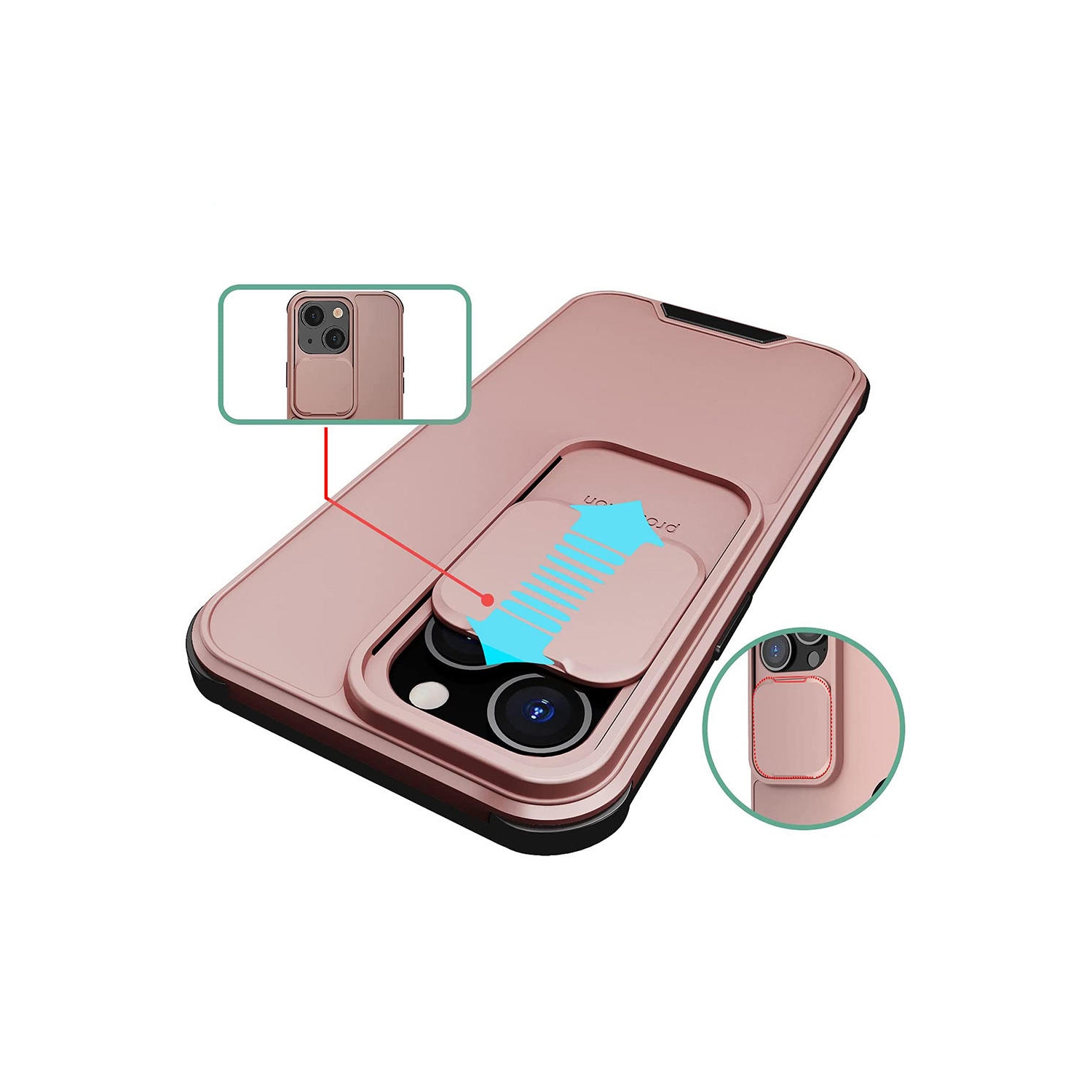 Coque rigide pour téléphone PC et TPU avec protection de caméra coulissante pour iPhone 13 6,1 pouces avec chargement sans fil -Champagne