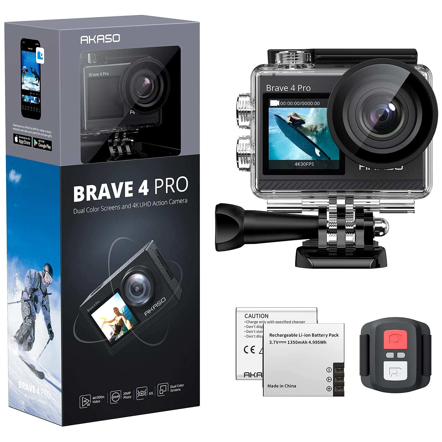 AKASO Brave 4 Pro 4K30 Action Camera - 131ft Waterproof Camera with Touch Screen Advanced EIS Remote Control 5X Zoom Underwater Camera Support External Mic