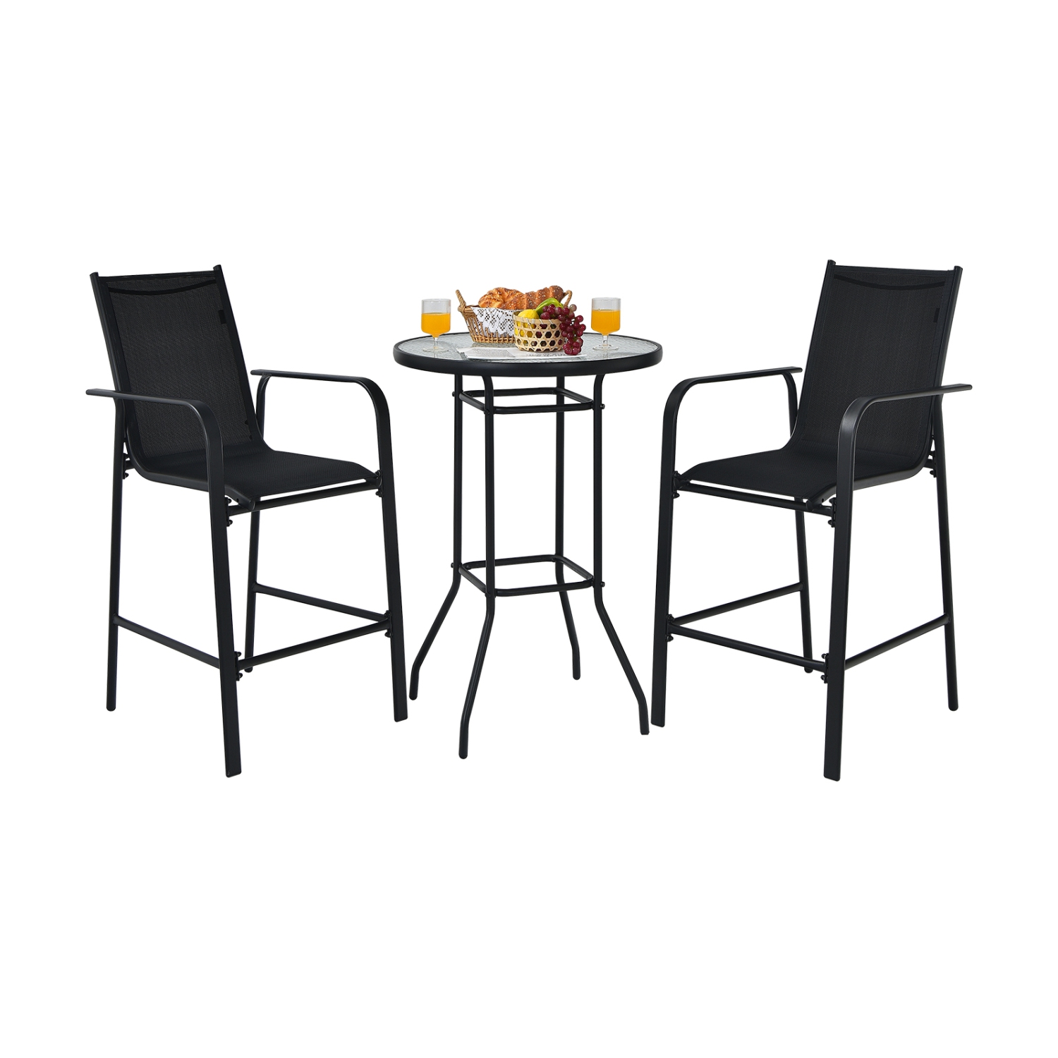 Patiojoy 3 PCS Patio Bistro Set Outdoor Table & Chairs Set w/Tempered Glass Top Black