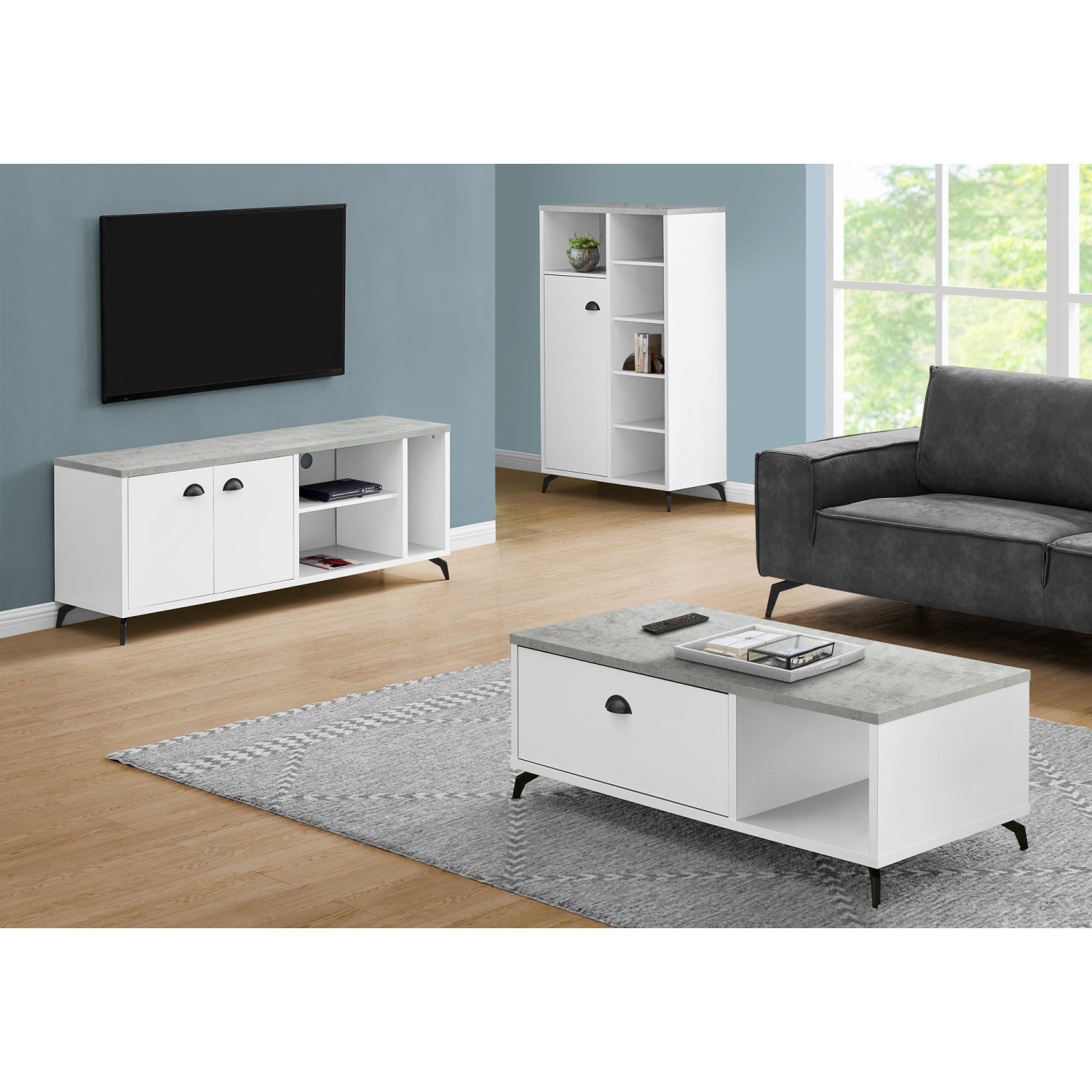 Monarch Specialties I 2841 TV Stand 60"L White Grey Cement-look Top