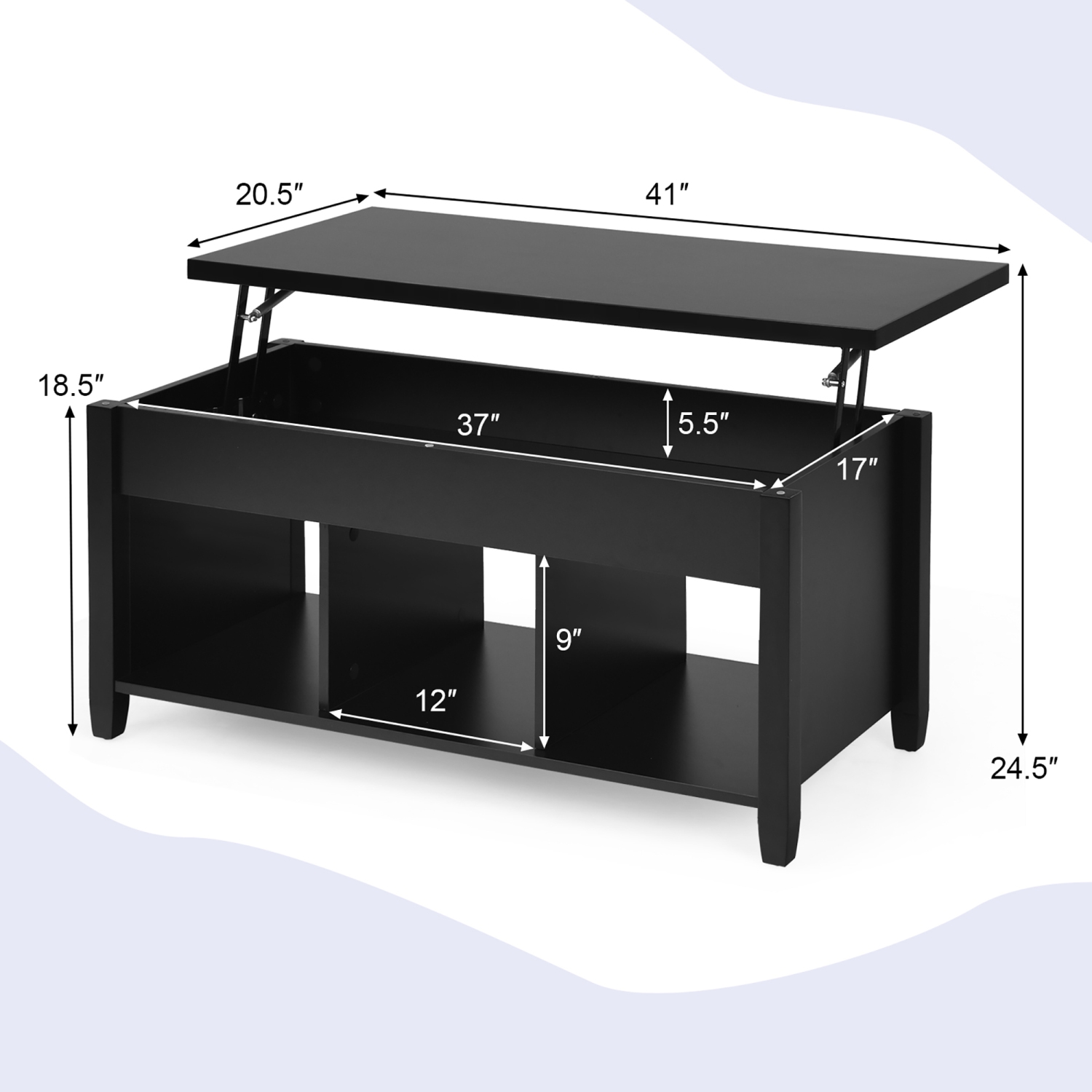 Table basse à dessus relevable Costway avec compartiment dissimulé et tablettes de rangement, noir