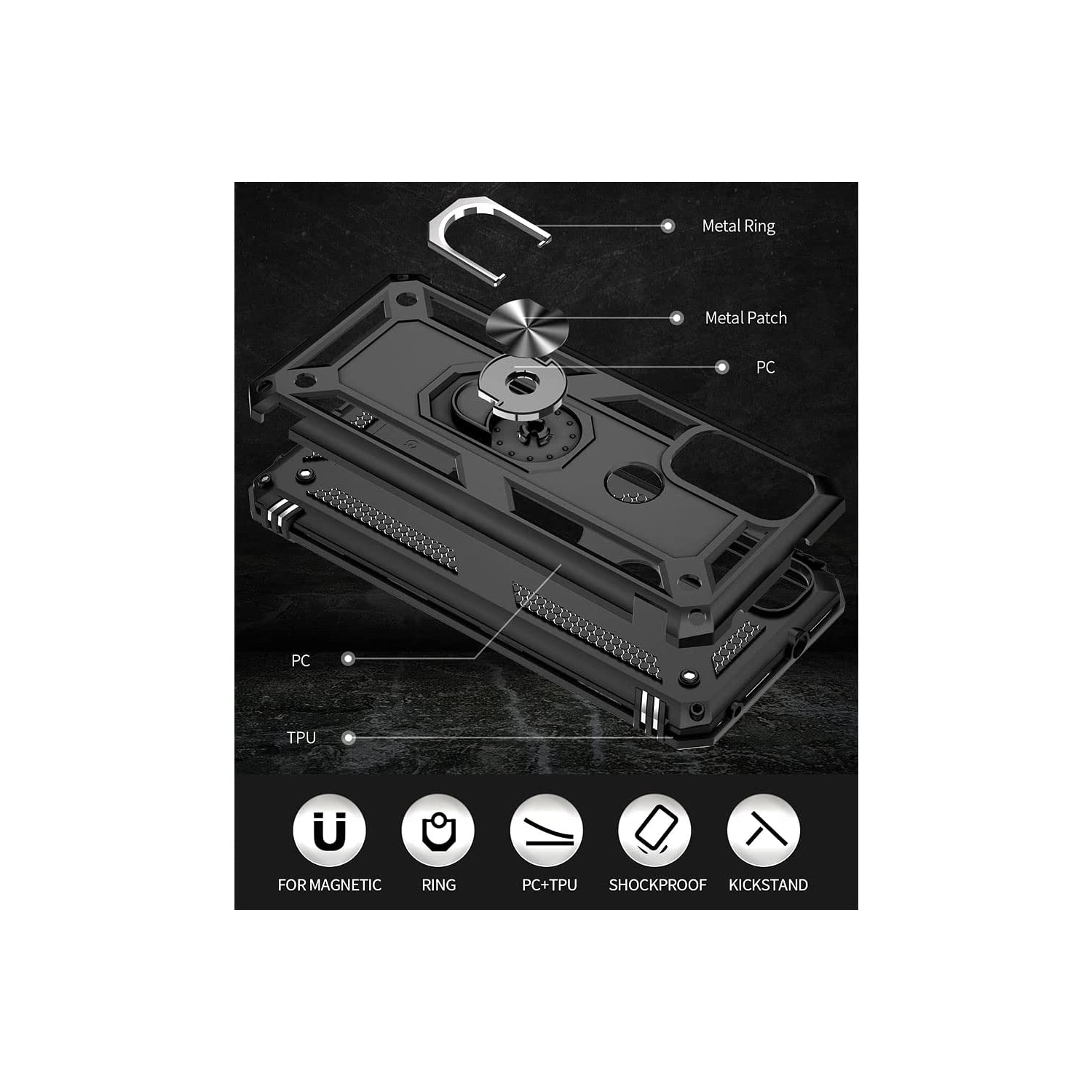 Anti-Drop Hybrid Magnetic Hard Armor Case with Ring Holder for Motorola Moto G Pure 2021 / G Power 2022 / G Play 2023, Midnight Green