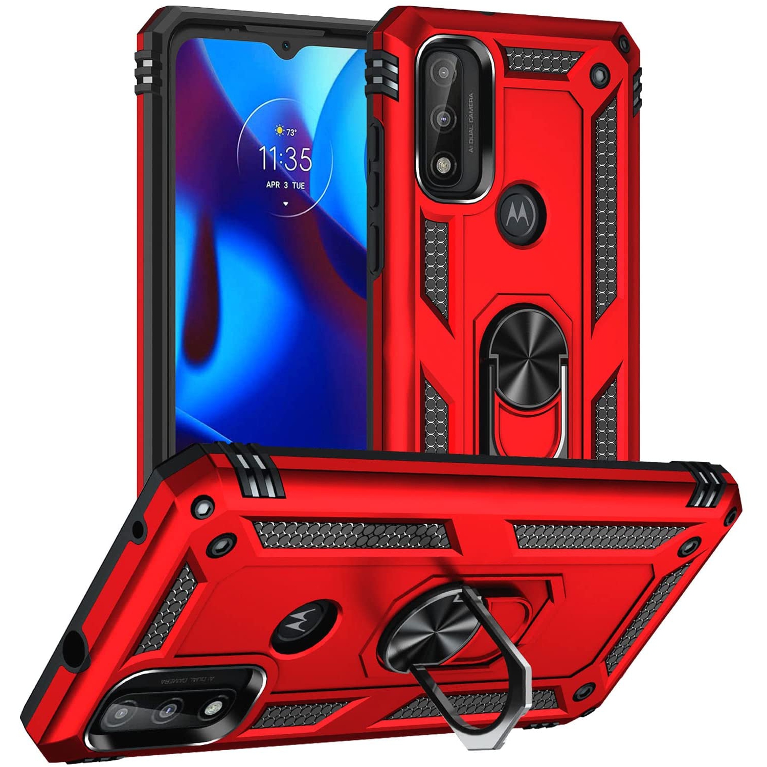 Anti-Drop Hybrid Magnetic Hard Armor Case with Ring Holder for Motorola Moto G Pure 2021 / G Power 2022 / G Play 2023, Red