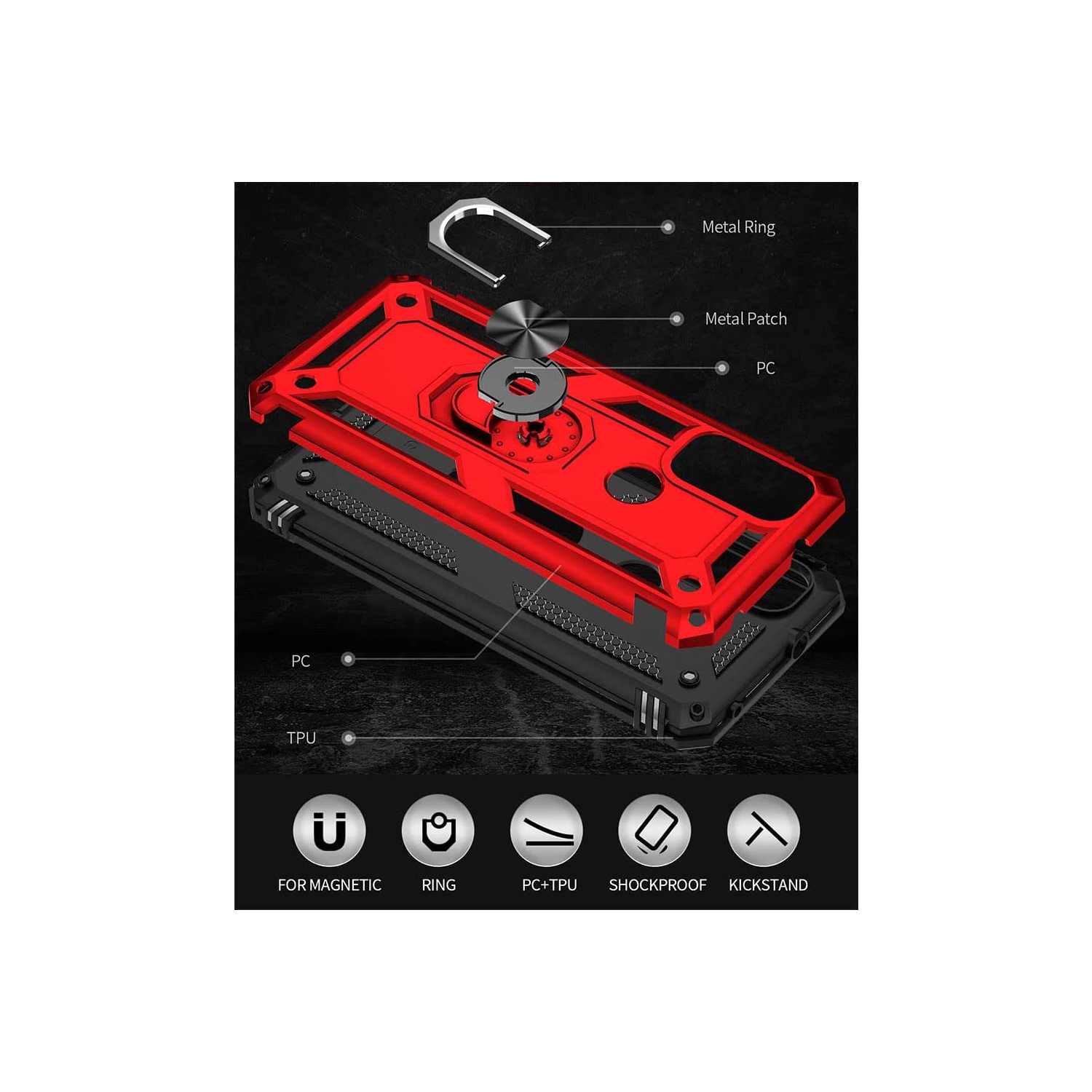 Anti-Drop Hybrid Magnetic Hard Armor Case with Ring Holder for Motorola Moto G Pure 2021 / G Power 2022 / G Play 2023, Red