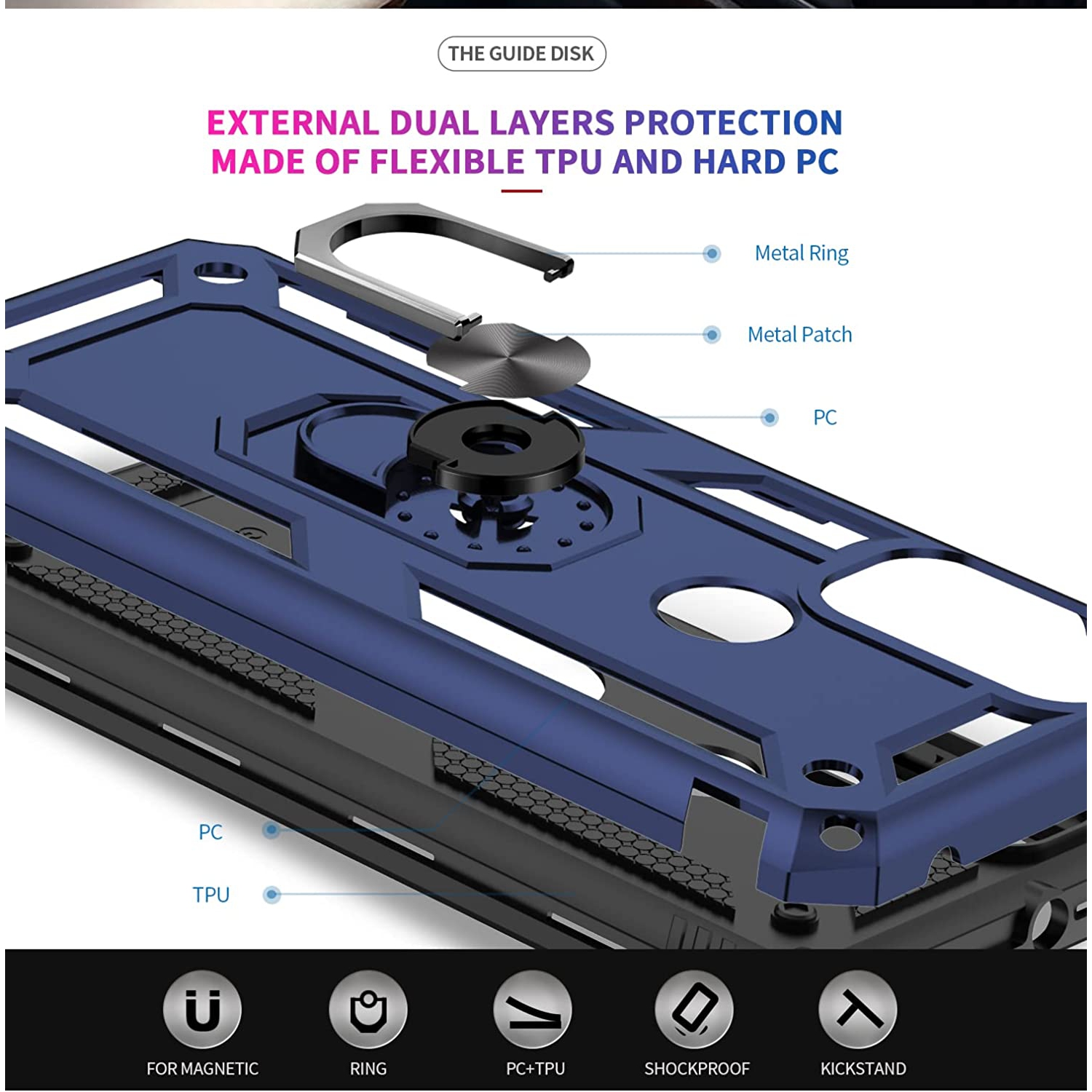 Anti-Drop Hybrid Magnetic Hard Armor Case with Ring Holder for Motorola Moto G Pure 2021 / G Power 2022 / G Play 2023, Navy