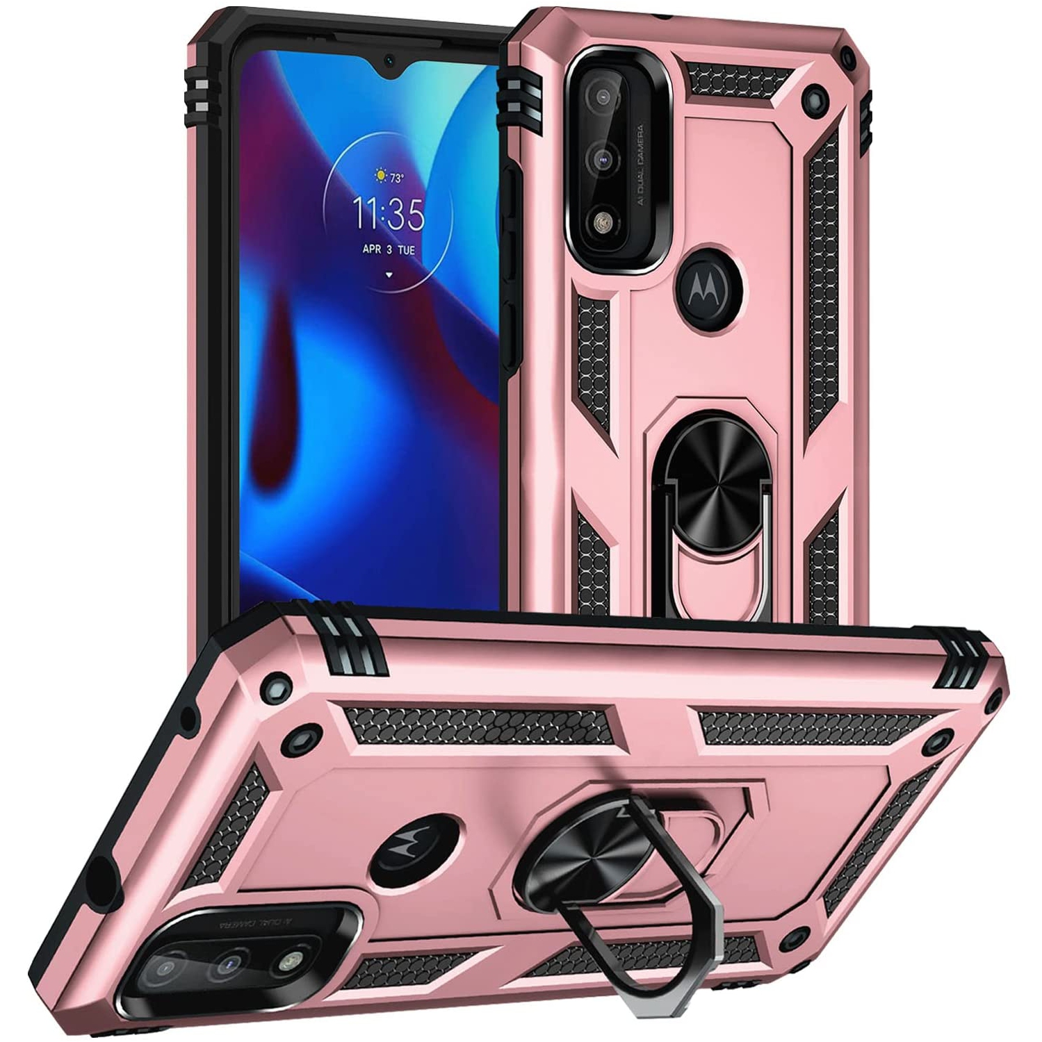 Anti-Drop Hybrid Magnetic Hard Armor Case with Ring Holder for Motorola Moto G Pure 2021 / G Power 2022 / G Play 2023, Rose Gold