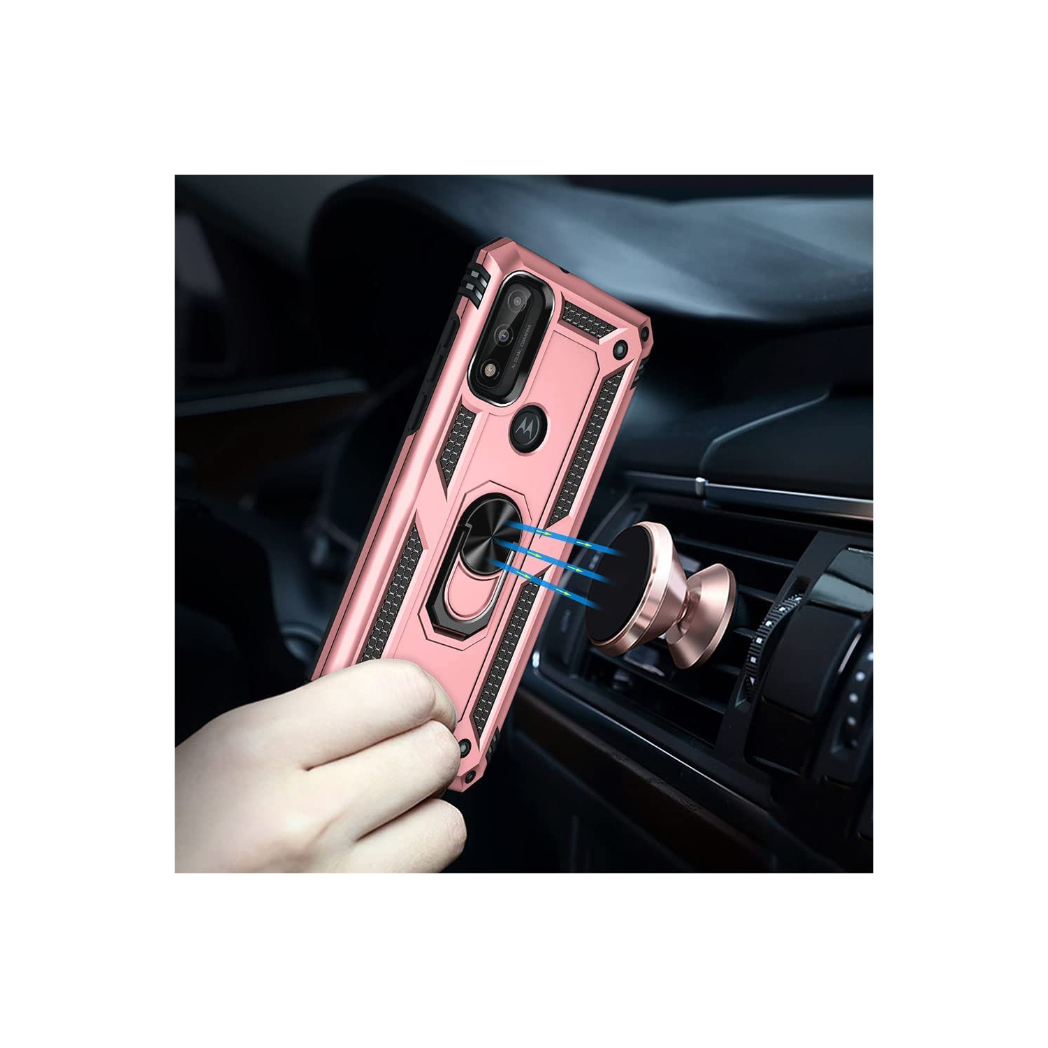 Anti-Drop Hybrid Magnetic Hard Armor Case with Ring Holder for Motorola Moto G Pure 2021 / G Power 2022 / G Play 2023, Rose Gold