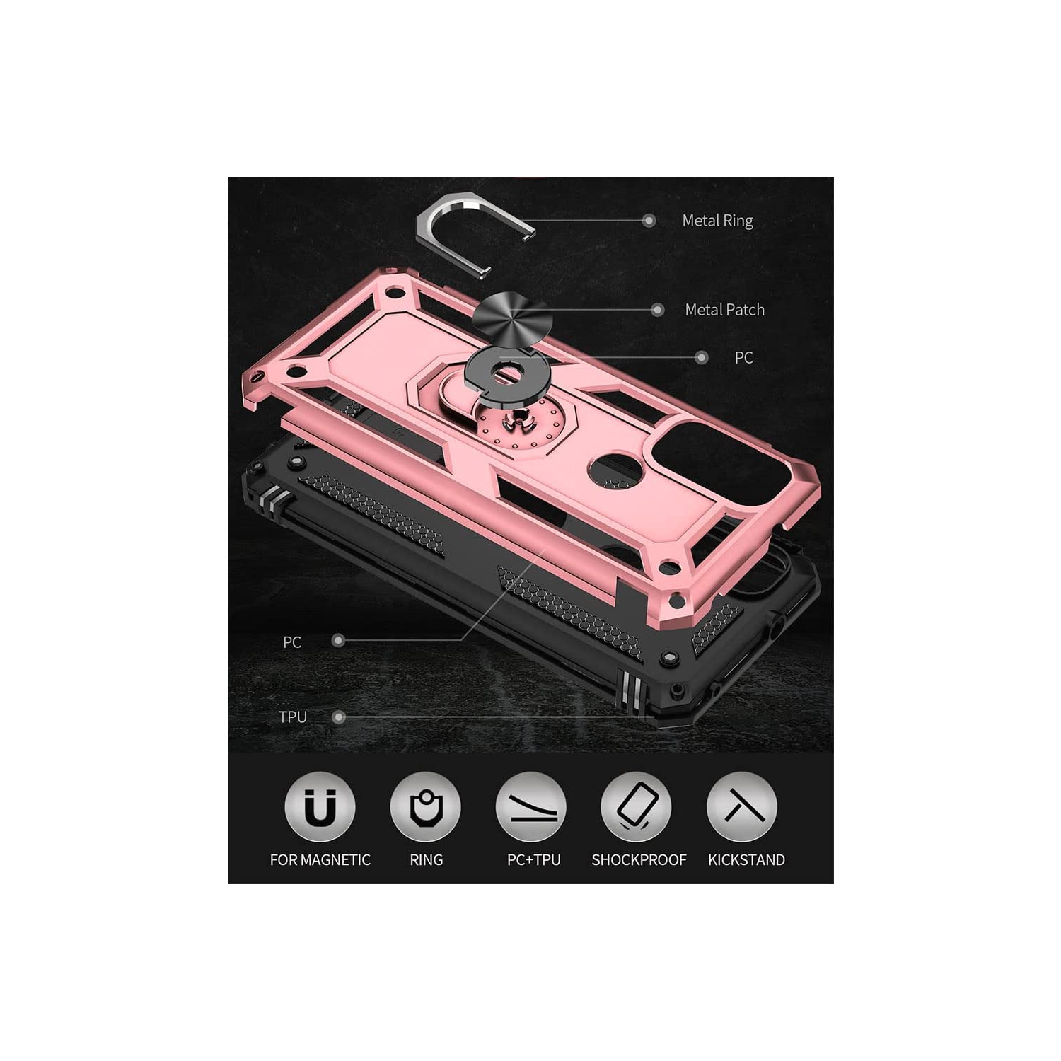 Anti-Drop Hybrid Magnetic Hard Armor Case with Ring Holder for Motorola Moto G Pure 2021 / G Power 2022 / G Play 2023, Rose Gold