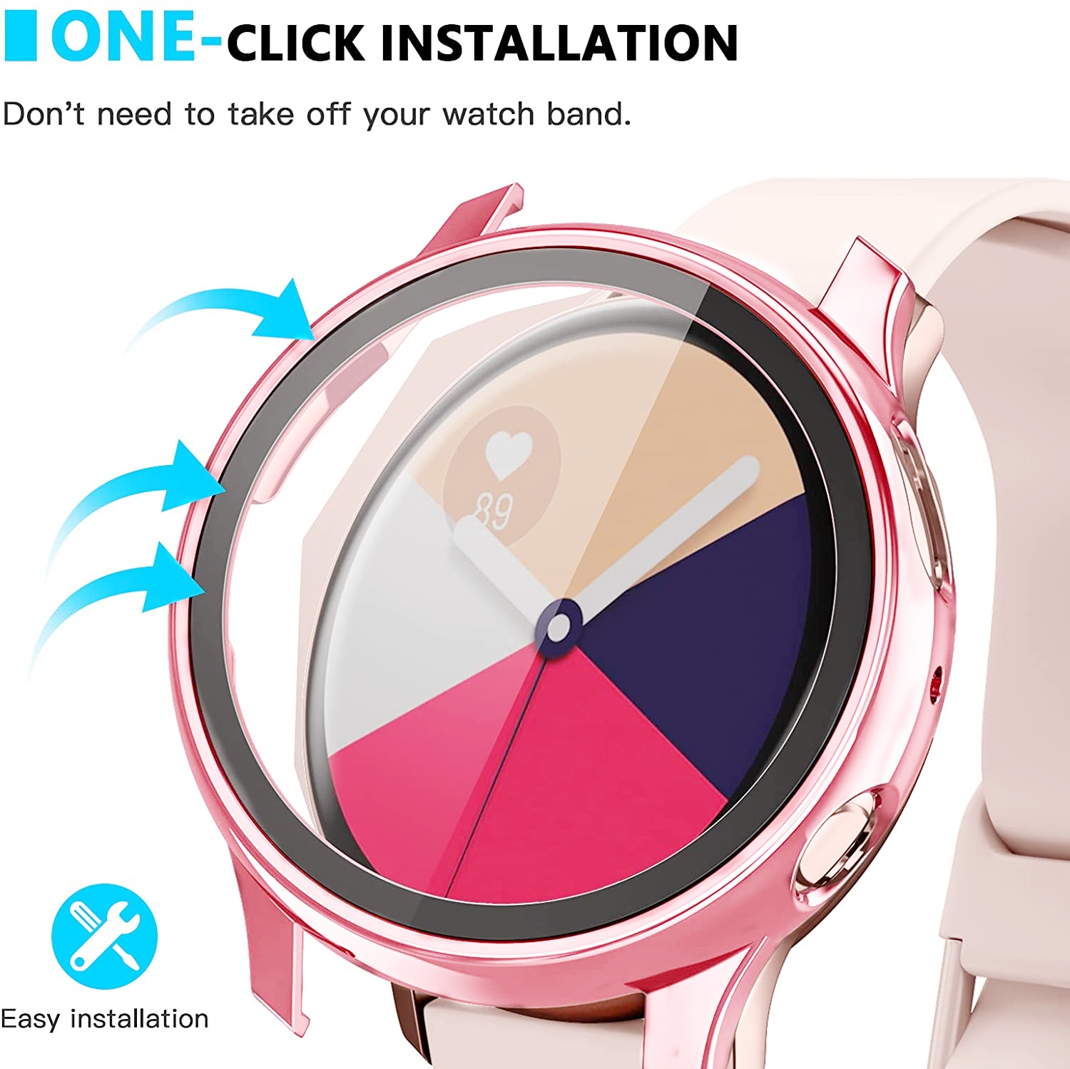 étui Housse de protection robuste avec protecteur d'écran en verre trempé pour Samsung Galaxy Active Watch 2, 44 mm, or rose
