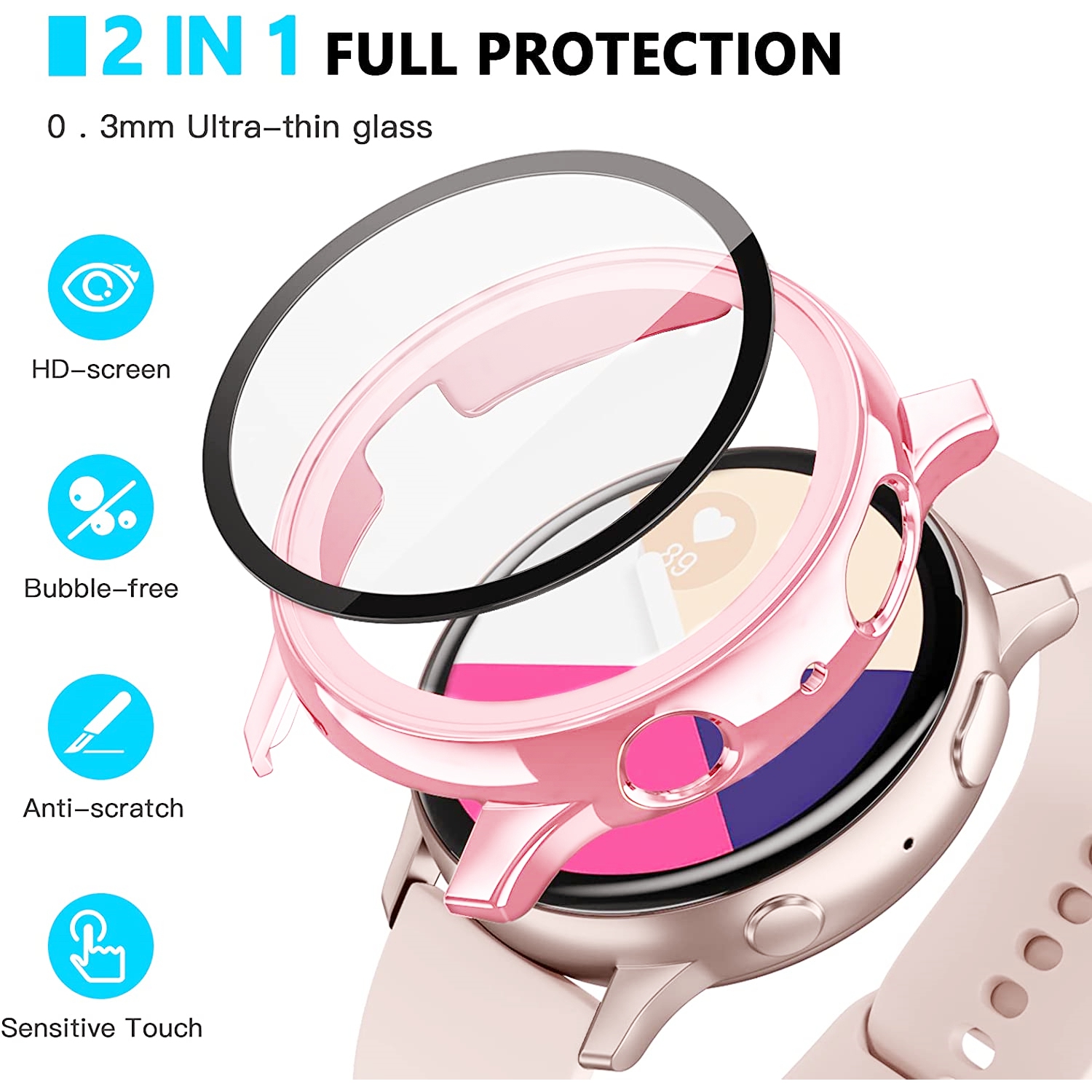 étui Housse de protection robuste avec protecteur d'écran en verre trempé pour Samsung Galaxy Active Watch 2, 40 mm, or rose