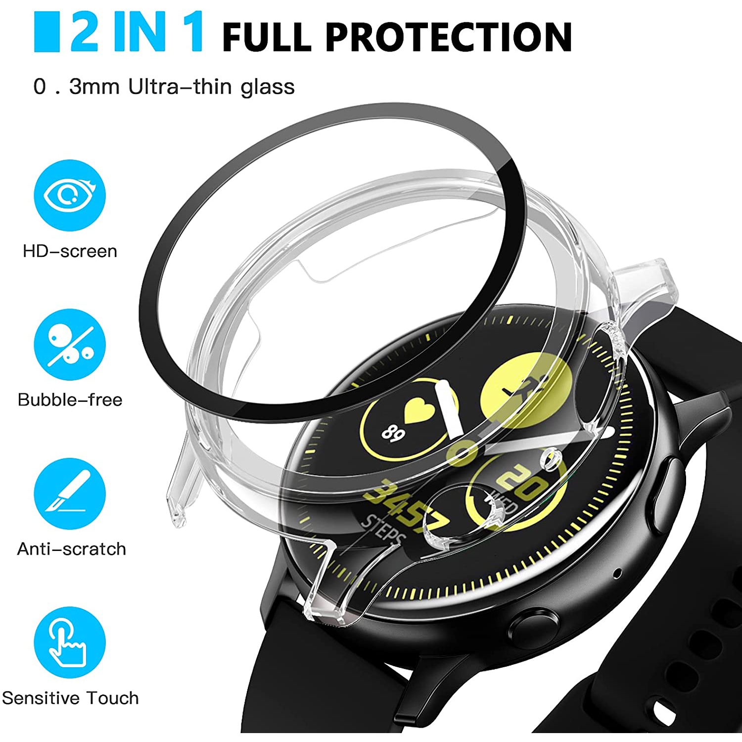 étui Housse de protection robuste avec protecteur d'écran en verre trempé pour Samsung Galaxy Active Watch 2, 40 mm, transparent