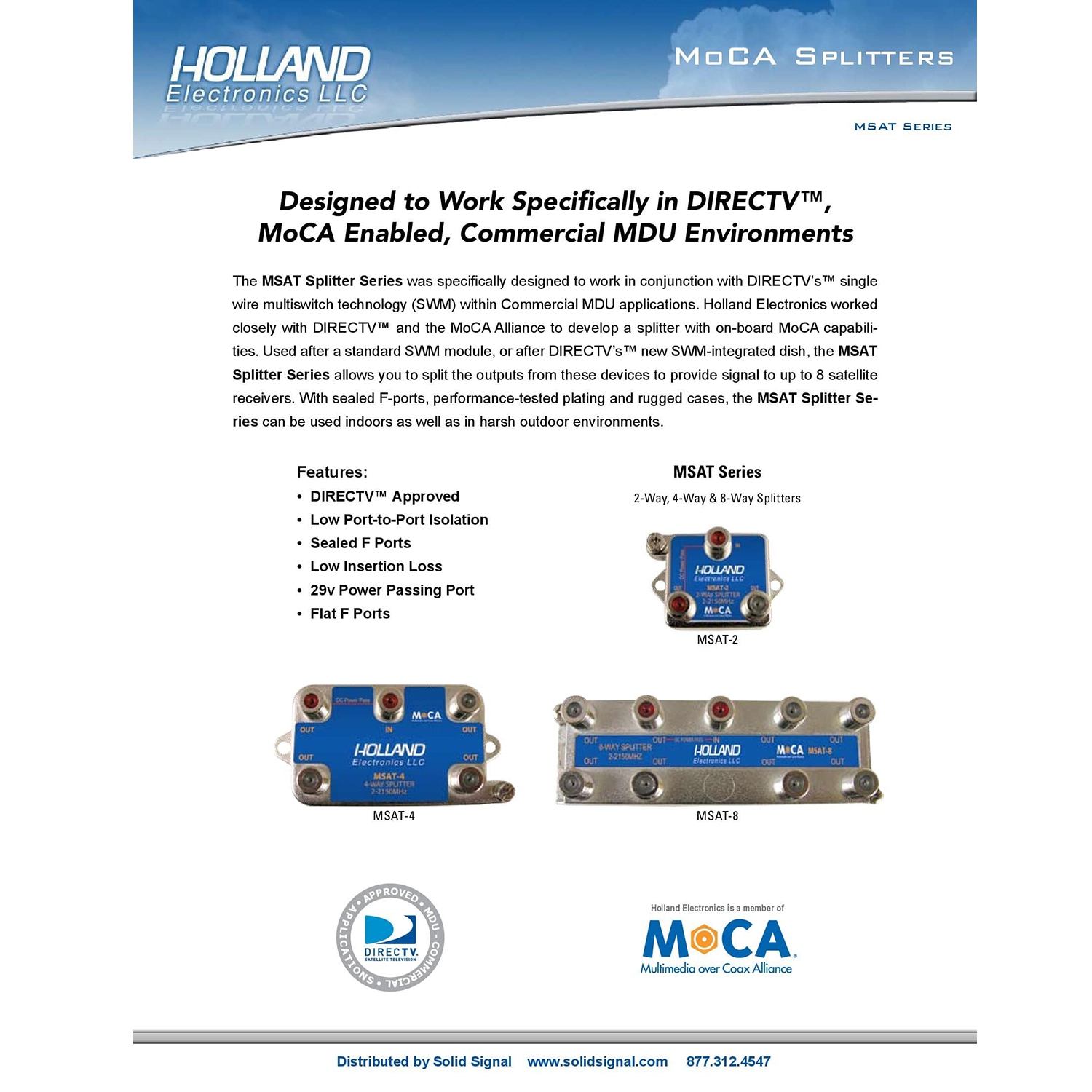 Holland Coaxial Splitter, 2-Way, MoCa Enabling, 2-2150Mhz, DirecTV Approved