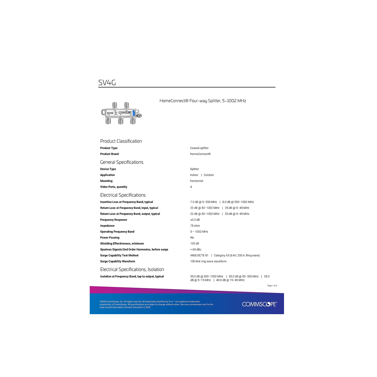 Commscope SV-4G 4-way Coaxial Digital Splitter 5-1000mhz