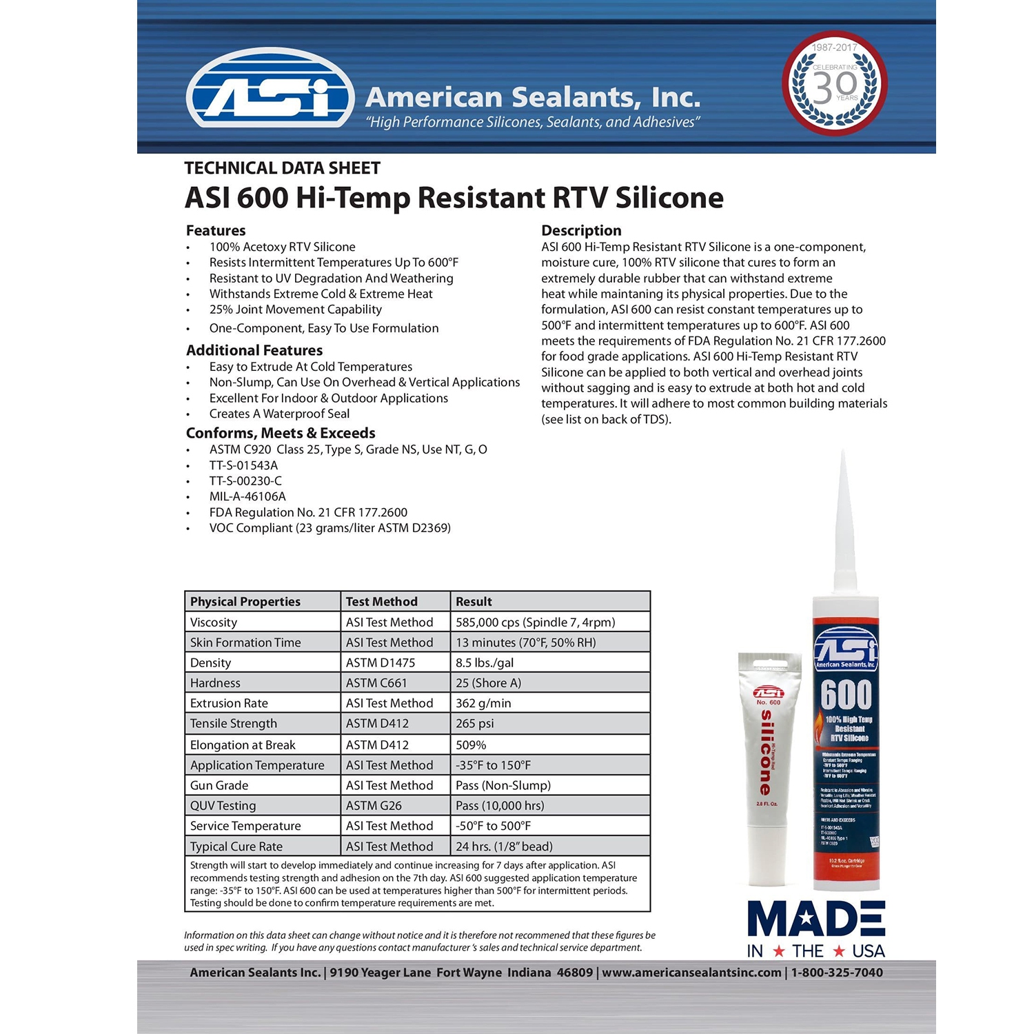 ASI 600 High Temperature RTV Silicone Sealant