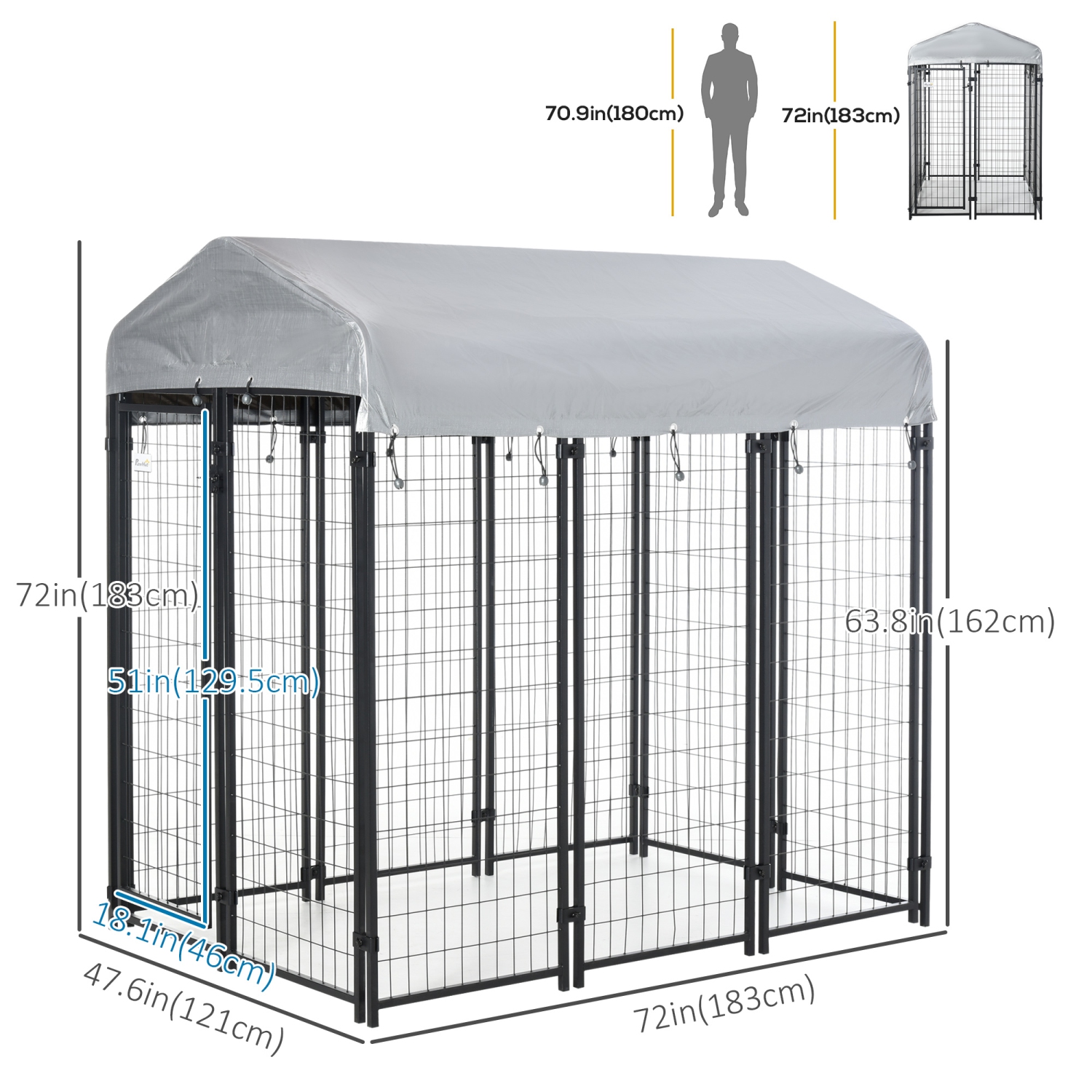 PawHut 6' x 4' x 6' Dog Run Outdoor, Large Outdoor Dog Kennel Welded Wire Steel Fence with UV-Resistant & Waterproof Cover, Secure Lock, Silver