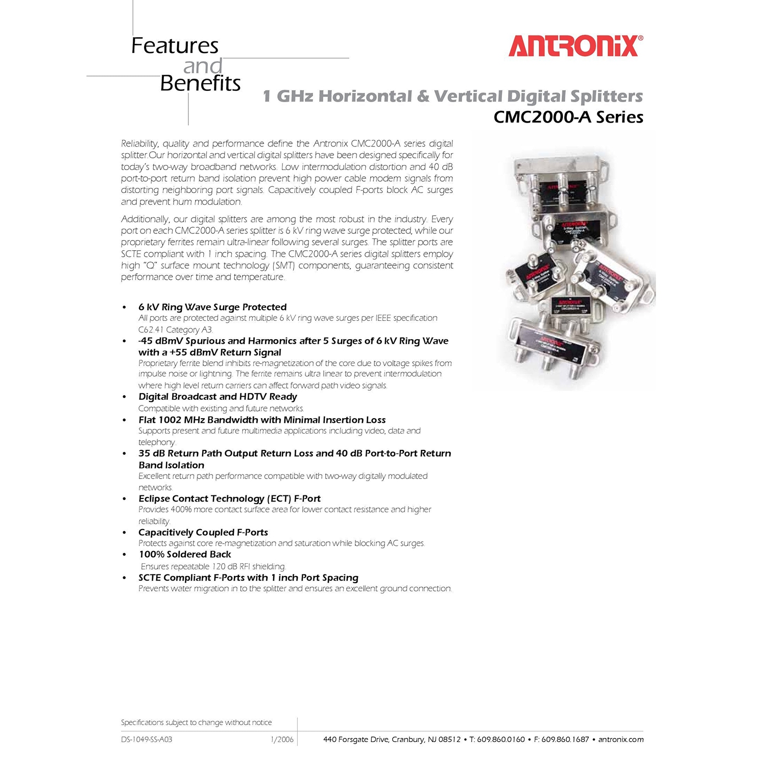 Splitter CMC2004H-A, Broadband RF 4 Output MoCA Capable 5-1002MHZ By Antronix