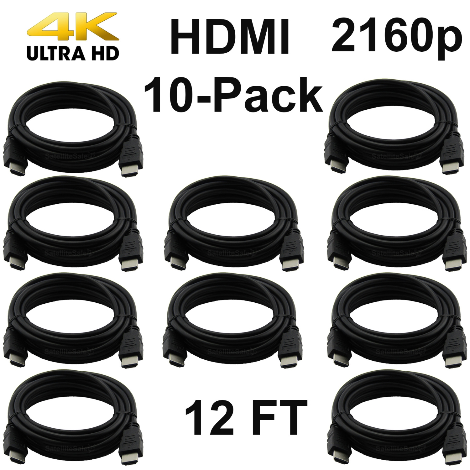 Pack of 10 Digital High-Speed 1.4 HDMI Cables 4K/30Hz 10.2Gbps PVC 2160p Black Cord Universal Wire by SatelliteSale 12 feet