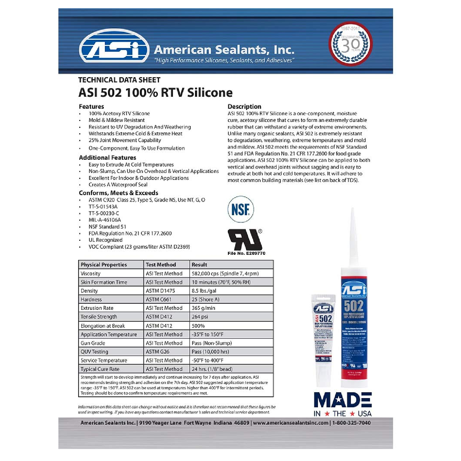ASI 502 Silicone Food Grade Sealant 100% RTV