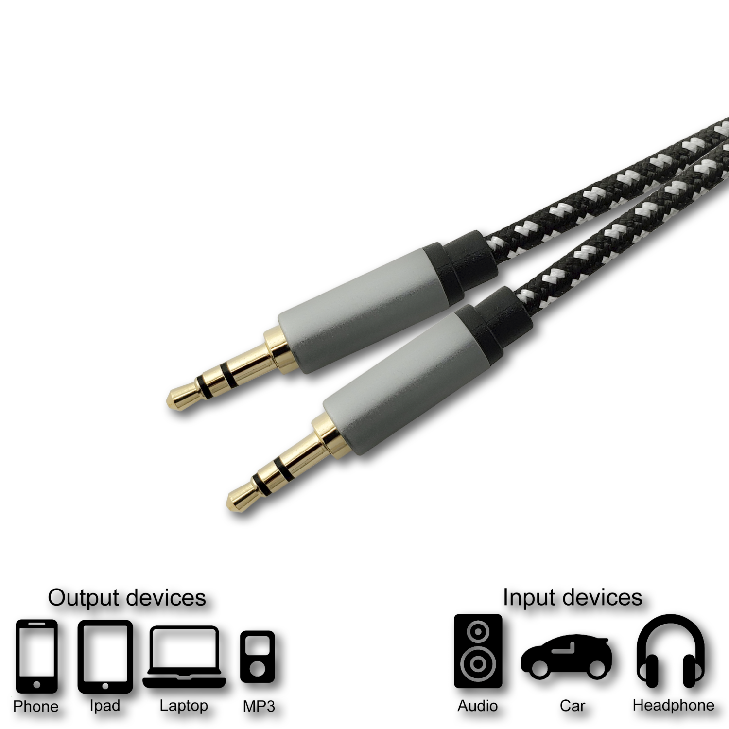 SatelliteSale Auxiliary 3.5mm Audio Jack Male to Male Digital Stereo Aux Cable Universal Wire Black/White Nylon Cord 6 feet