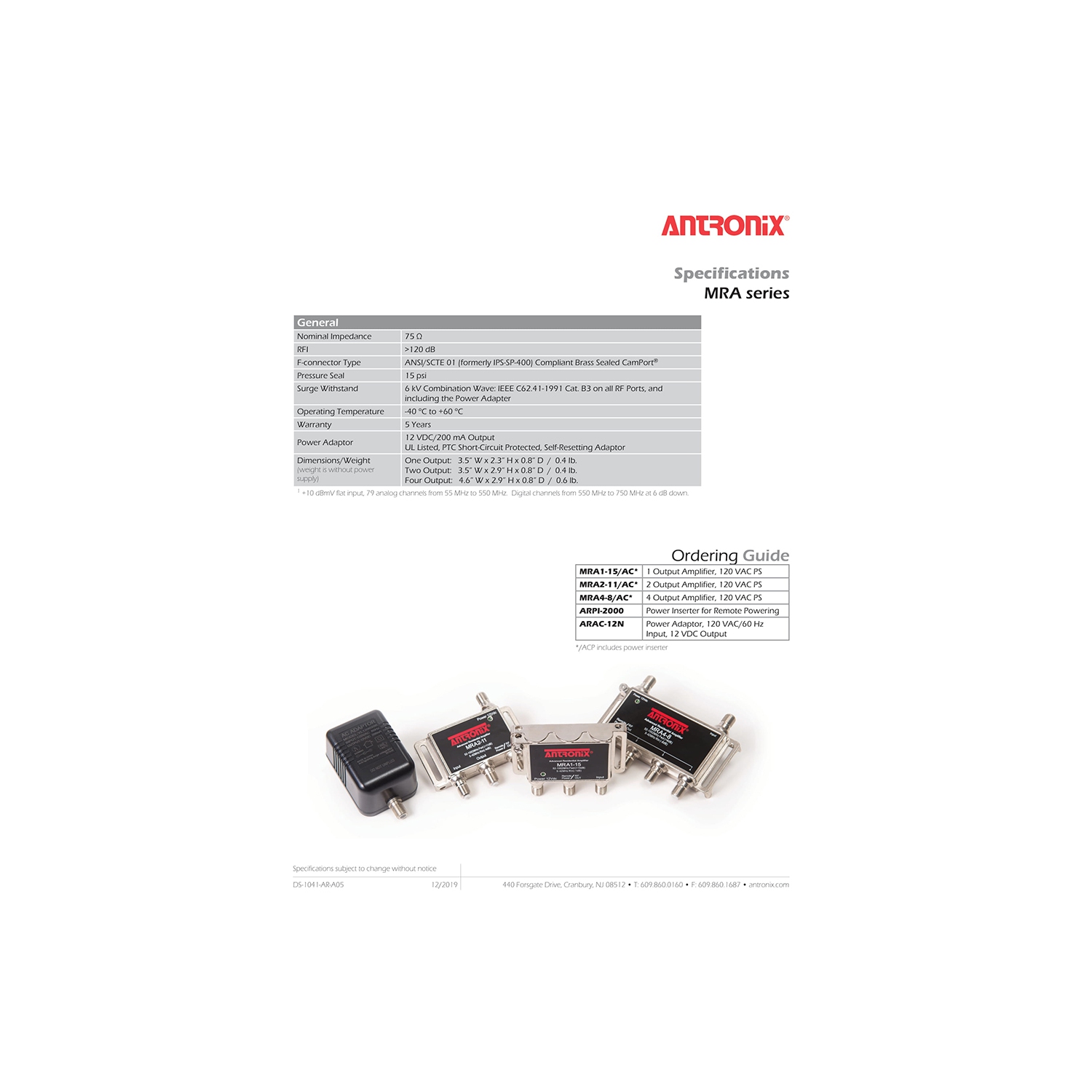 Antronix MRA1-15AC Amplifier, 1 Port,15dB Gain, Output 5-1002Mhz + Power Adapter