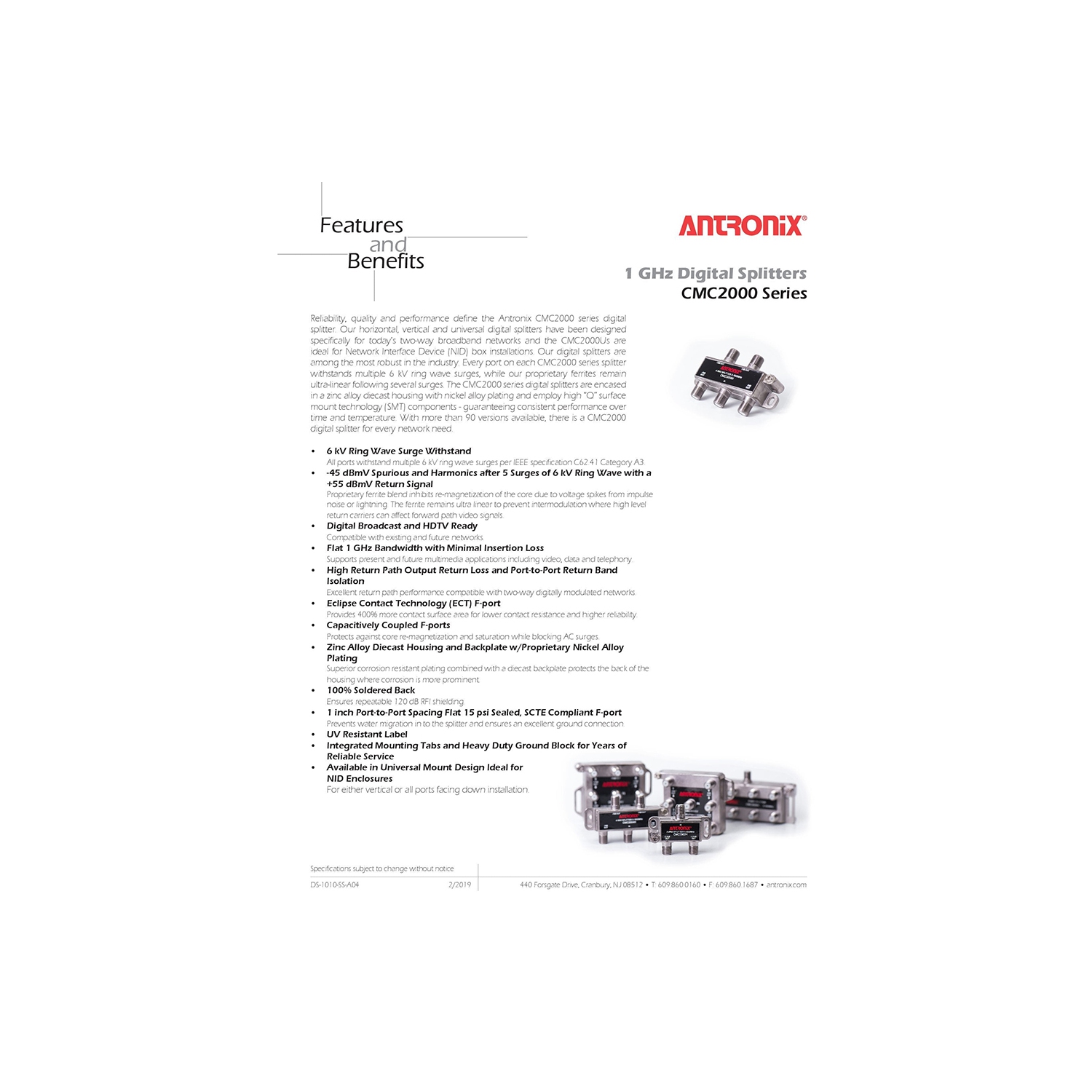 Antronix CMC2002H 2-Way-(5) Pack Horizontal Splitter -3.5db Ports 5-1002 MHz