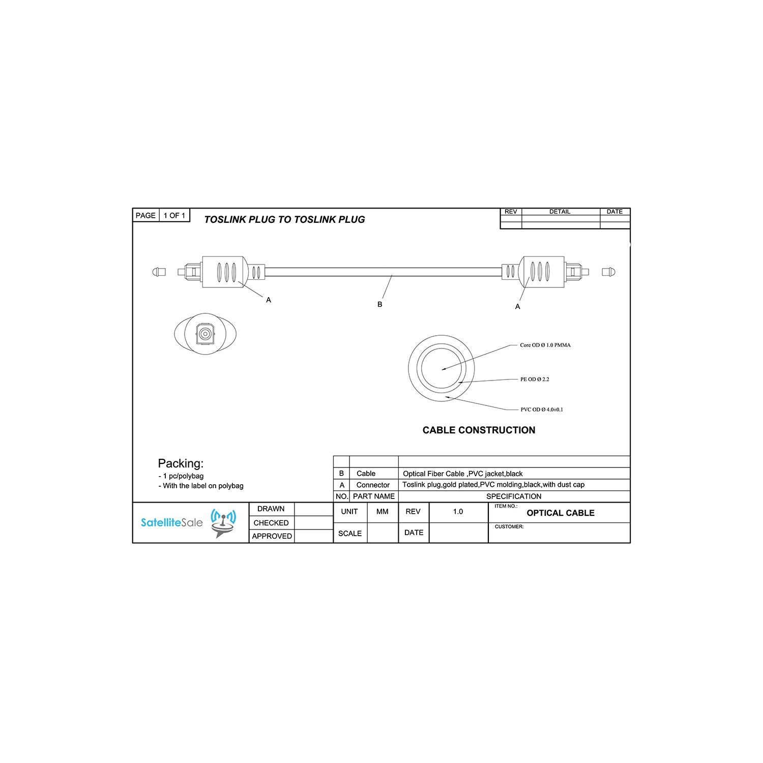 SatelliteSale Digital Toslink SPDIF Audio Optical Fiber Cable Universal Wire PVC Black Cord