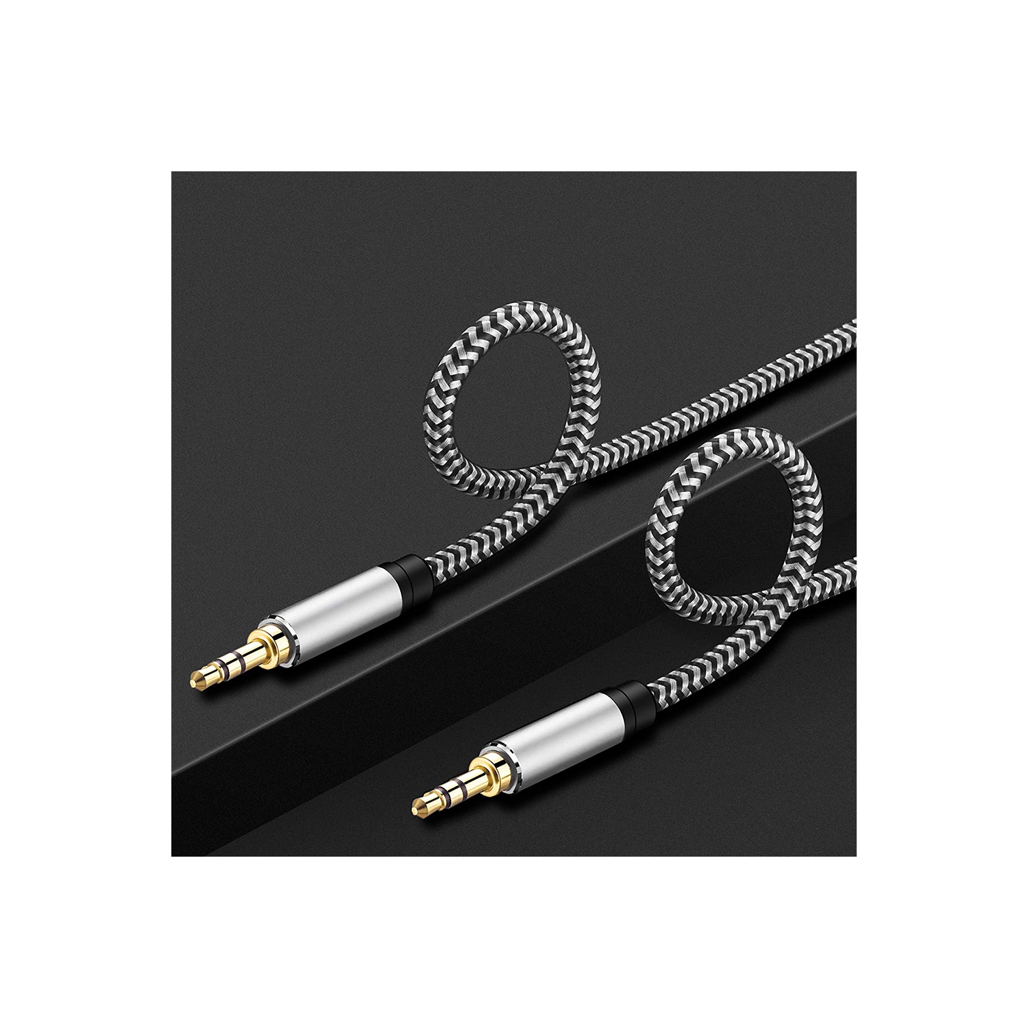 SatelliteSale Auxiliary 3.5mm Audio Jack Male to Male Digital Stereo Aux Cable Universal Wire Black/White Nylon Cord 3 feet