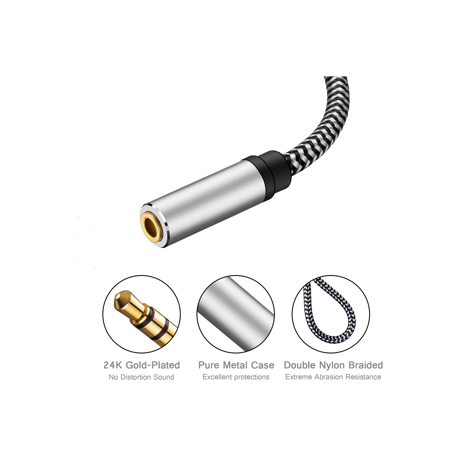 SatelliteSale Auxiliary 3.5mm Audio Jack Male to Female Digital Stereo Aux Extension Cable Universal Wire Black/White Nylon Cord 15 feet