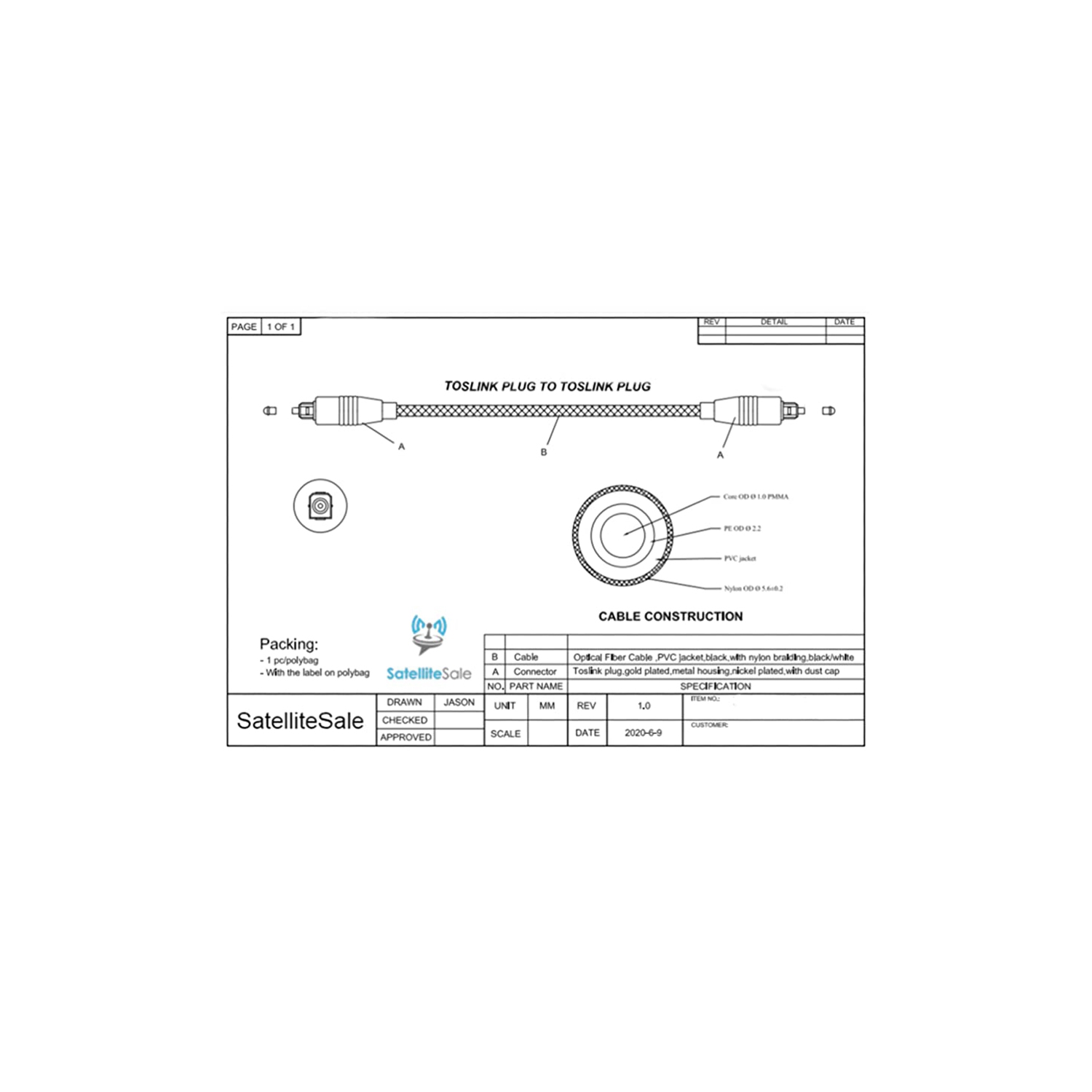 SatelliteSale Digital Toslink SPDIF Audio Optical Fiber Cable Universal Wire Nylon Black/Silver Cord