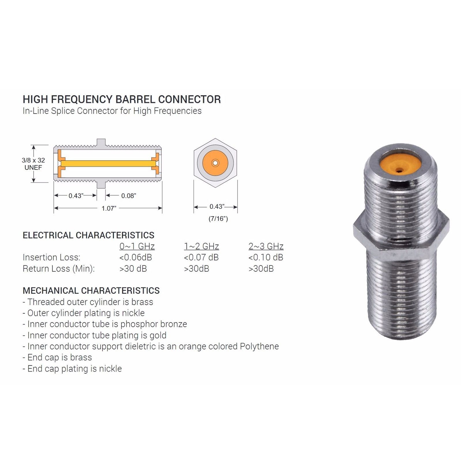 DirecTV F81 Barrel Indoor 3GHZ HF w Nut / Washer Bag of 50