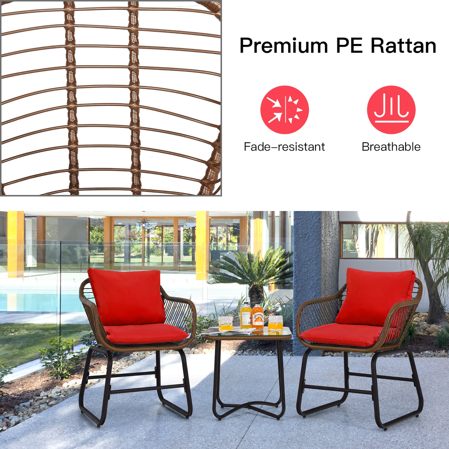 Costway 3PCS Patio Rattan Bistro Set Cushioned Chair Glass Table Deck