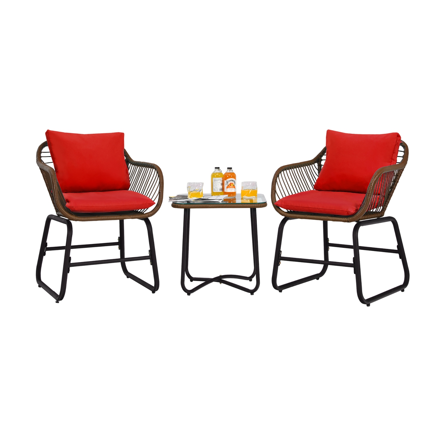 Costway 3PCS Patio Rattan Bistro Set Cushioned Chair Glass Table Deck