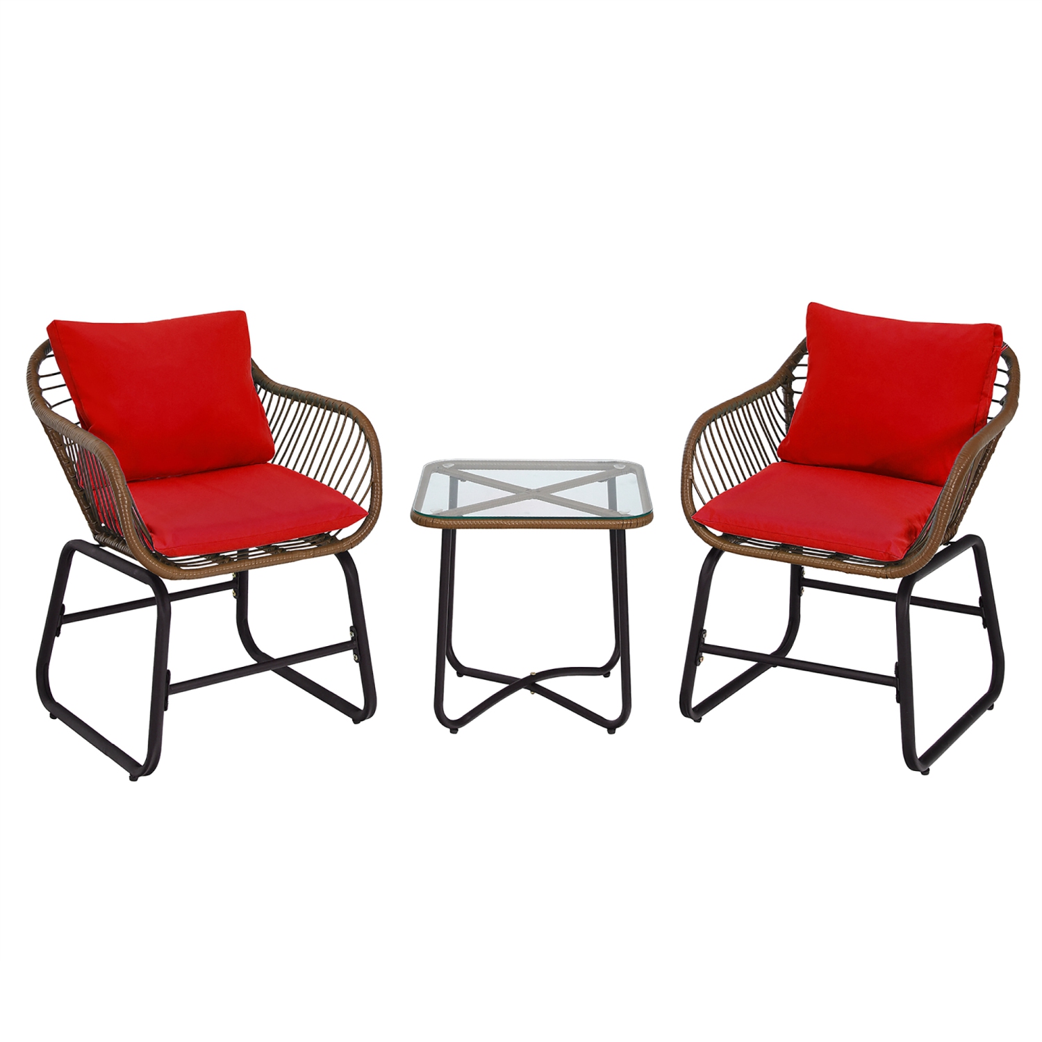Costway 3PCS Patio Rattan Bistro Set Cushioned Chair Glass Table Deck