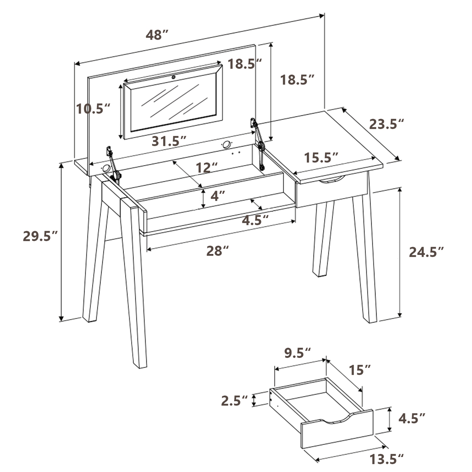 Coiffeuse de Costway avec bureau d'ordinateur à miroir rabattable et tiroir de rangement noyer