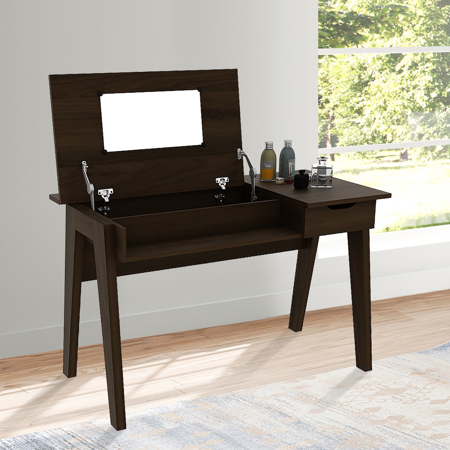Coiffeuse de Costway avec bureau d'ordinateur à miroir rabattable et tiroir de rangement noyer