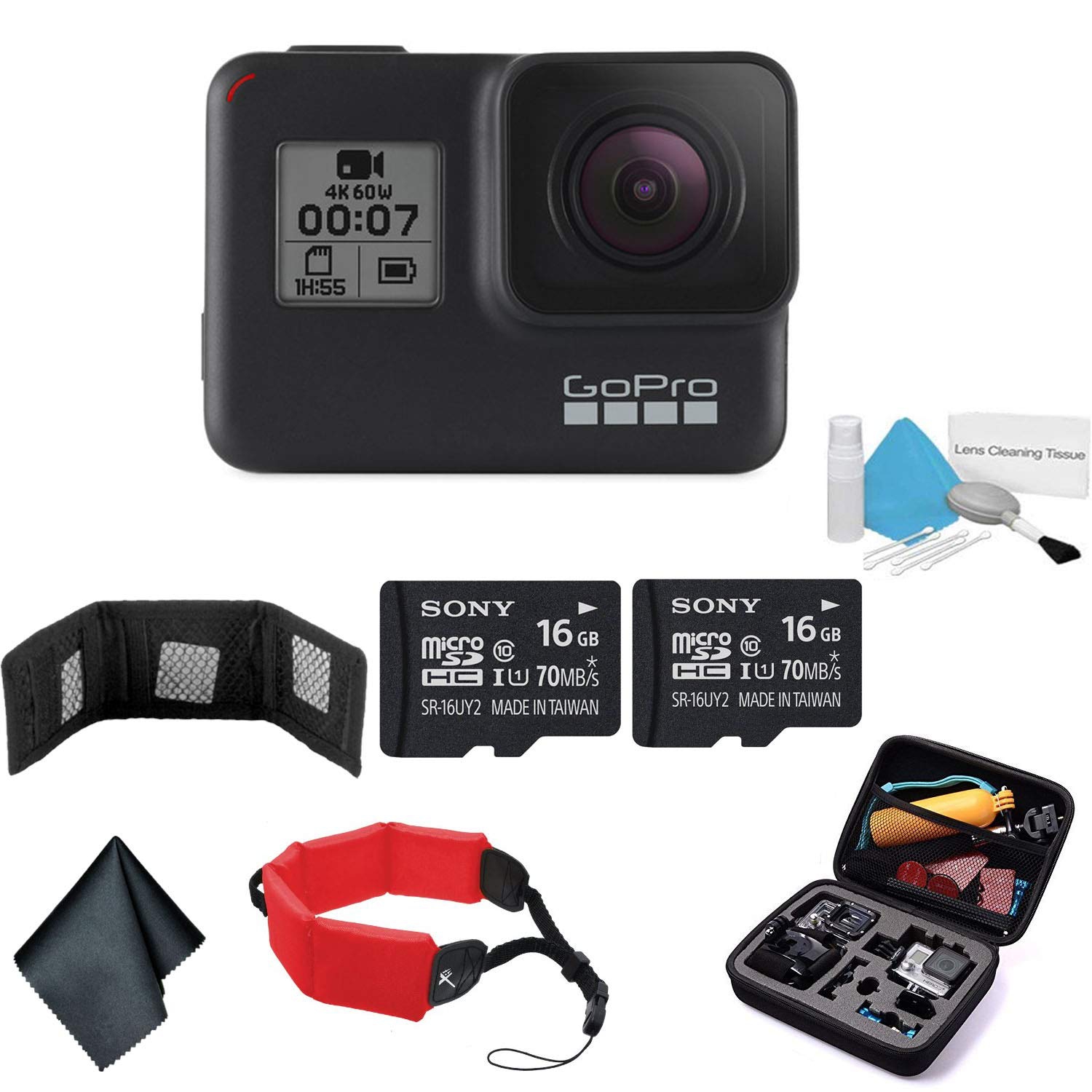 GoPro HERO7 (Black) Waterproof Digital Action Camera 4K HD Video 12MP Live Streaming - Bundle with 2X 16GB Memory Cards + Floating Strap + More