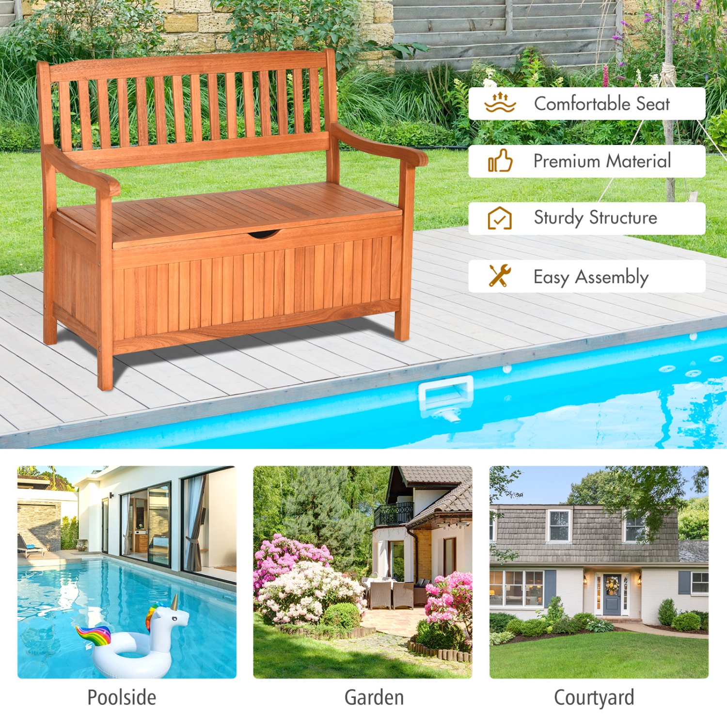 Topbuy 33 Gal Outdoor Storage Bench Deck Box Patio Storage Loveseat w/Removable Liner