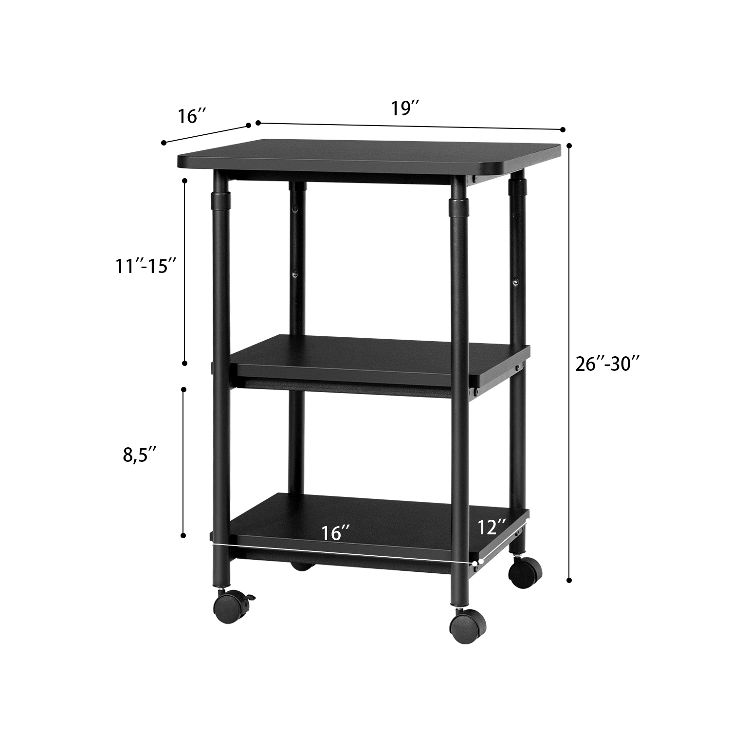 TopBuy – Chariot pour imprimante à 3 niveaux ajustable à roulettes avec 3 tablettes de rangement pour imprimante pour le bureau à la maison