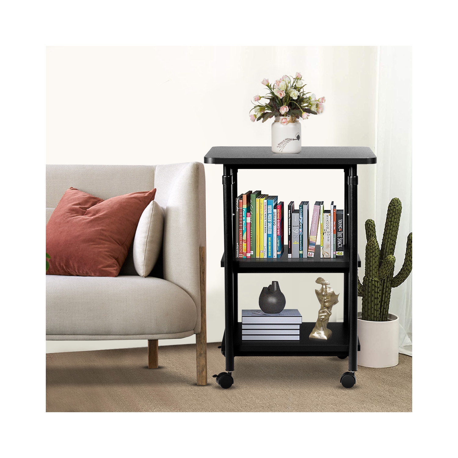 TopBuy – Chariot pour imprimante à 3 niveaux ajustable à roulettes avec 3 tablettes de rangement pour imprimante pour le bureau à la maison