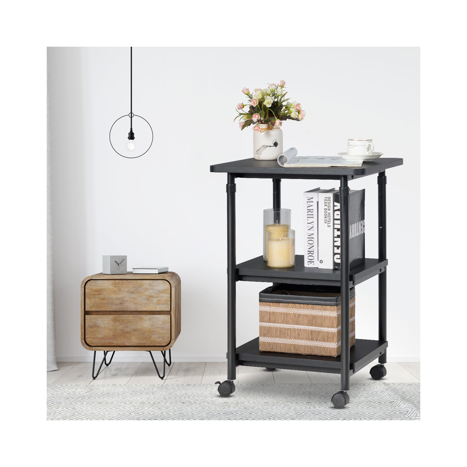 TopBuy – Chariot pour imprimante à 3 niveaux ajustable à roulettes avec 3 tablettes de rangement pour imprimante pour le bureau à la maison